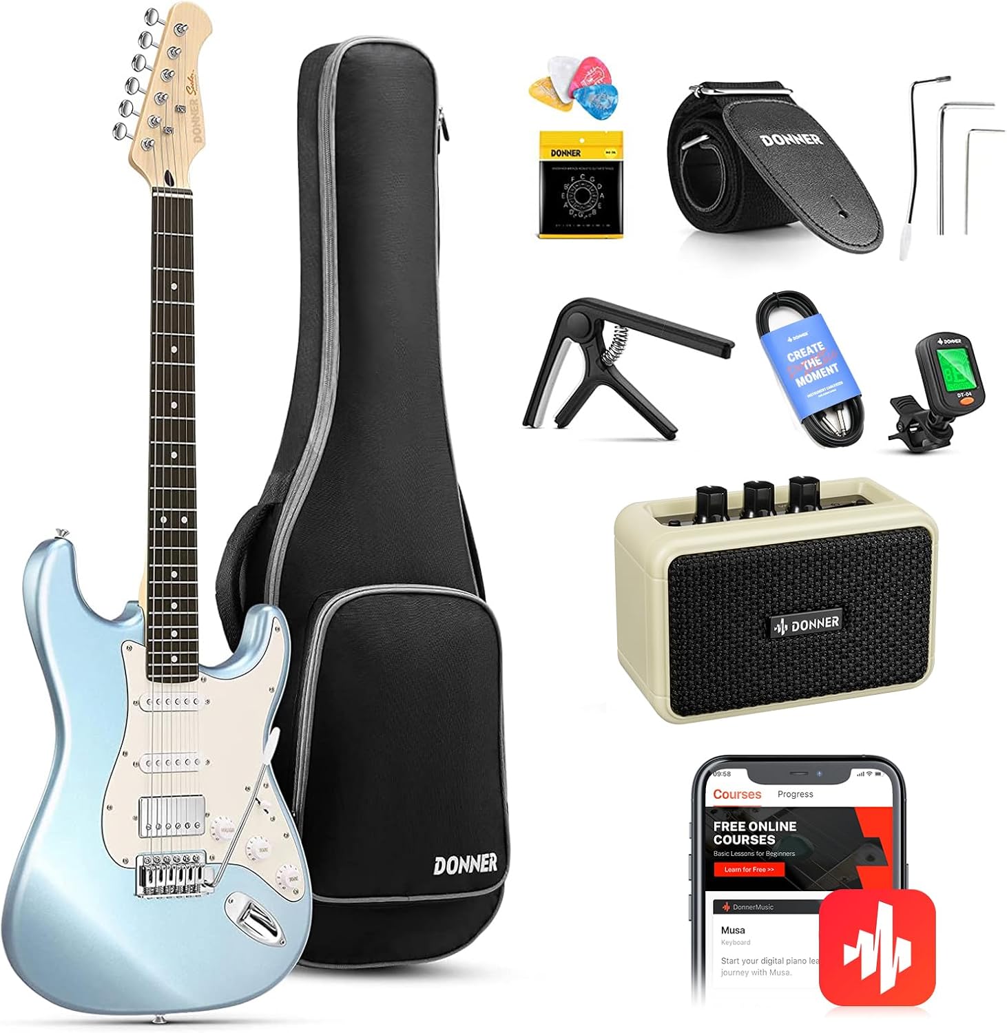 Donner DST-152R Electric Guitar, 39' Beginner Electric Guitar Kit, HSS Pickup with Coil Split, Guitar Starter Set with Amp, Bag, All Accessories, Metallic Ice Blue