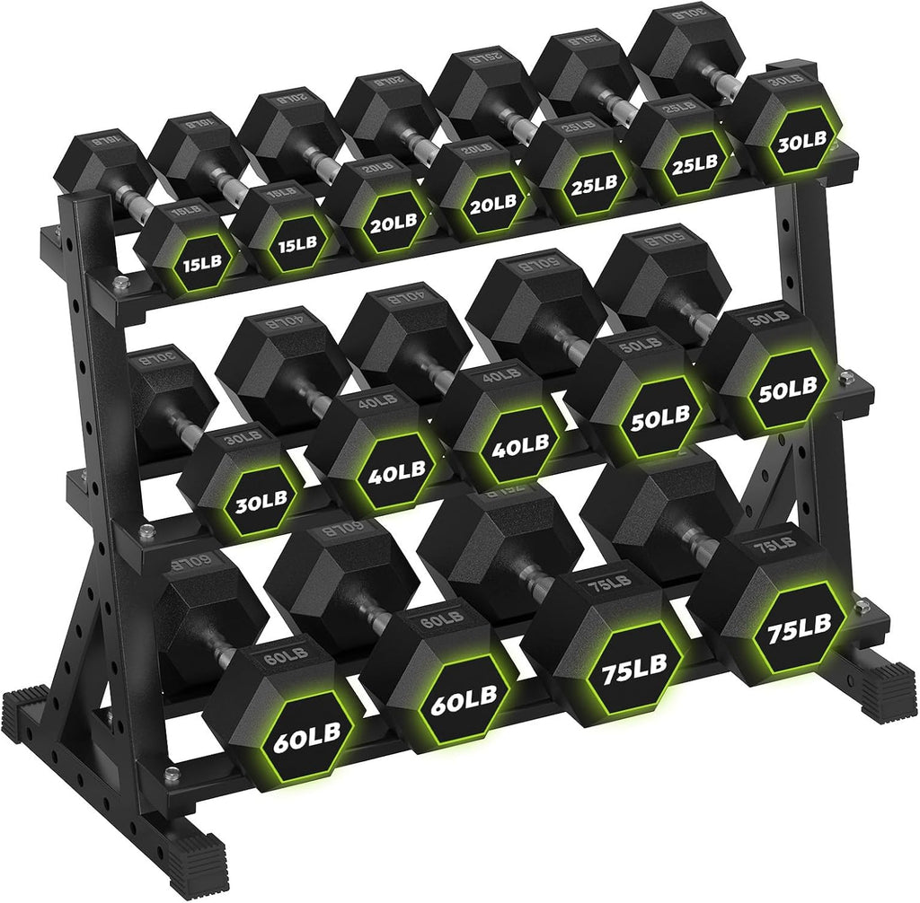 HANDBODE 3-Tier Dumbbell Rack Stand, 1000LB Capacity Storage Rack, Weight Rack for Dumbbells, Kettlebell, 390–700 lb Rubber Coated Fixed Weight Sets, Home Gym Strength Training Equipment