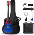 GLARRY 41in Acoustic Electric Guitar, Unique Round-back Design, 6 String Cutaway Guitar Beginner Kit with 15W Amp, EQ, Bag, Strap, Picks, Strings (Blue with AMP, Full-Right Handed)