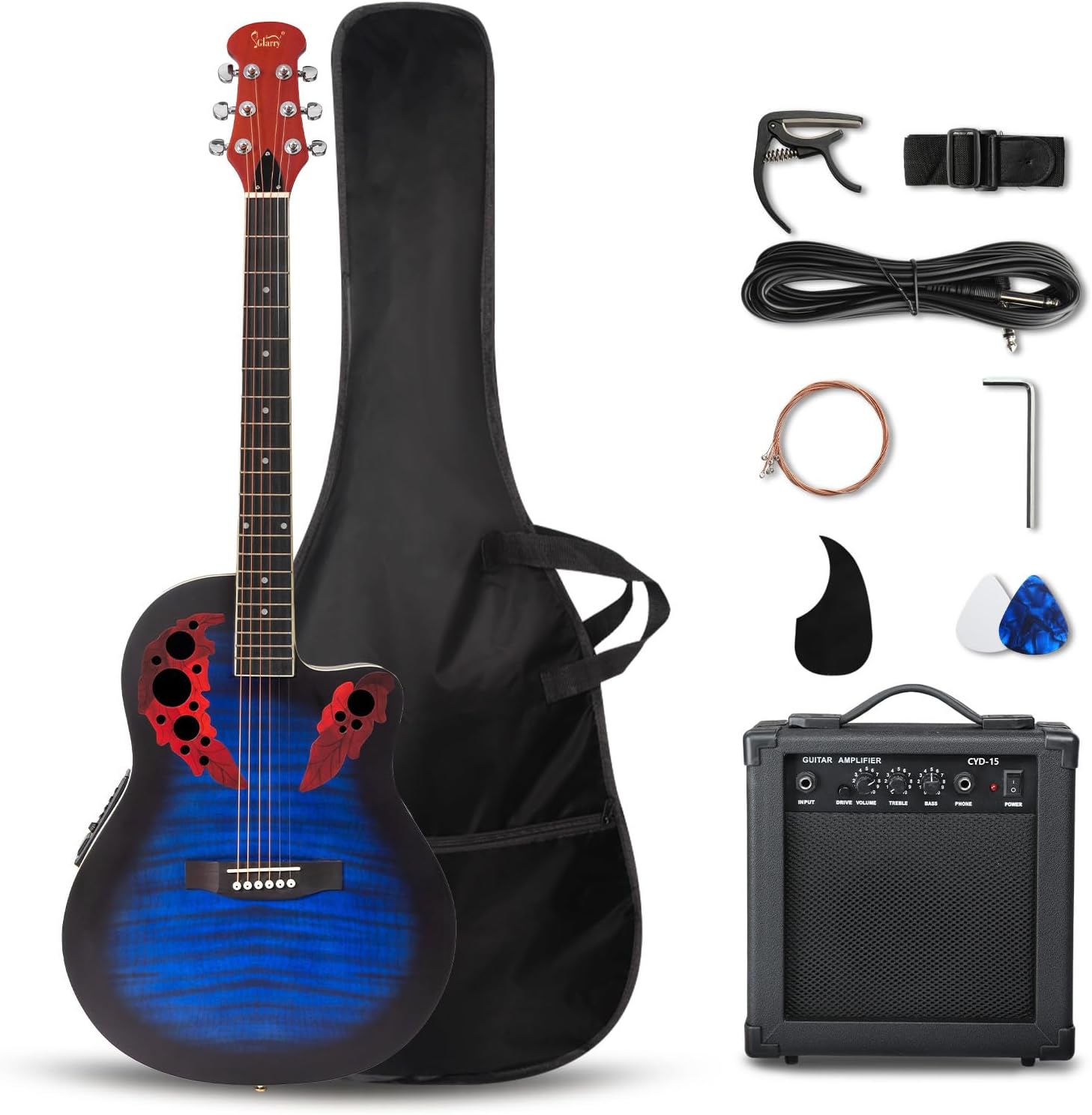 GLARRY 41in Acoustic Electric Guitar, Unique Round-back Design, 6 String Cutaway Guitar Beginner Kit with 15W Amp, EQ, Bag, Strap, Picks, Strings (Blue with AMP, Full-Right Handed)