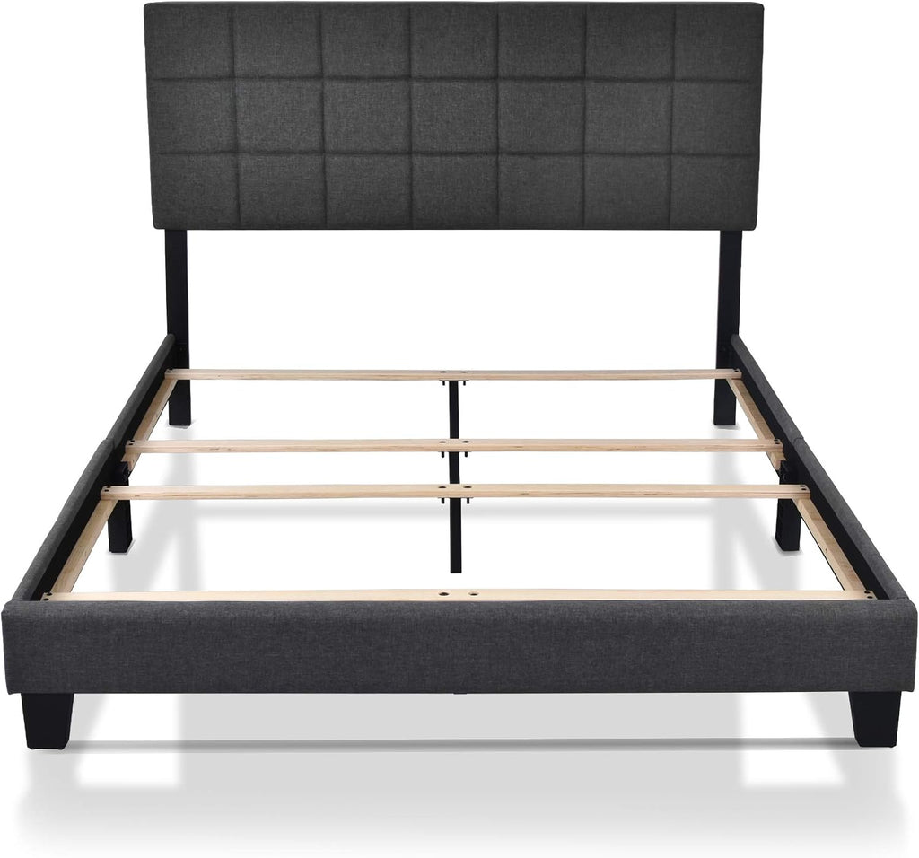Allewie Full Size Panel Bed Frame with Adjustable Headboard for High Profile/Fabric Upholstered/Square Stitched Padded Headboard/Box Spring or Bunkie Board Required/Dark Grey
