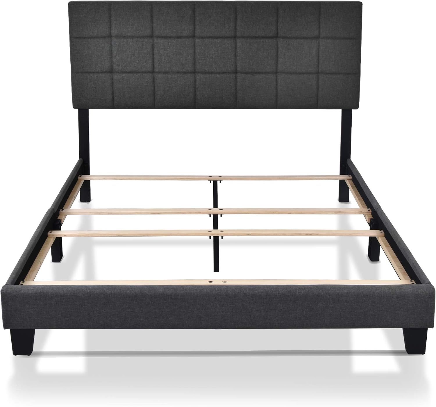 Allewie Full Size Panel Bed Frame with Adjustable Headboard for High Profile/Fabric Upholstered/Square Stitched Padded Headboard/Box Spring or Bunkie Board Required/Dark Grey