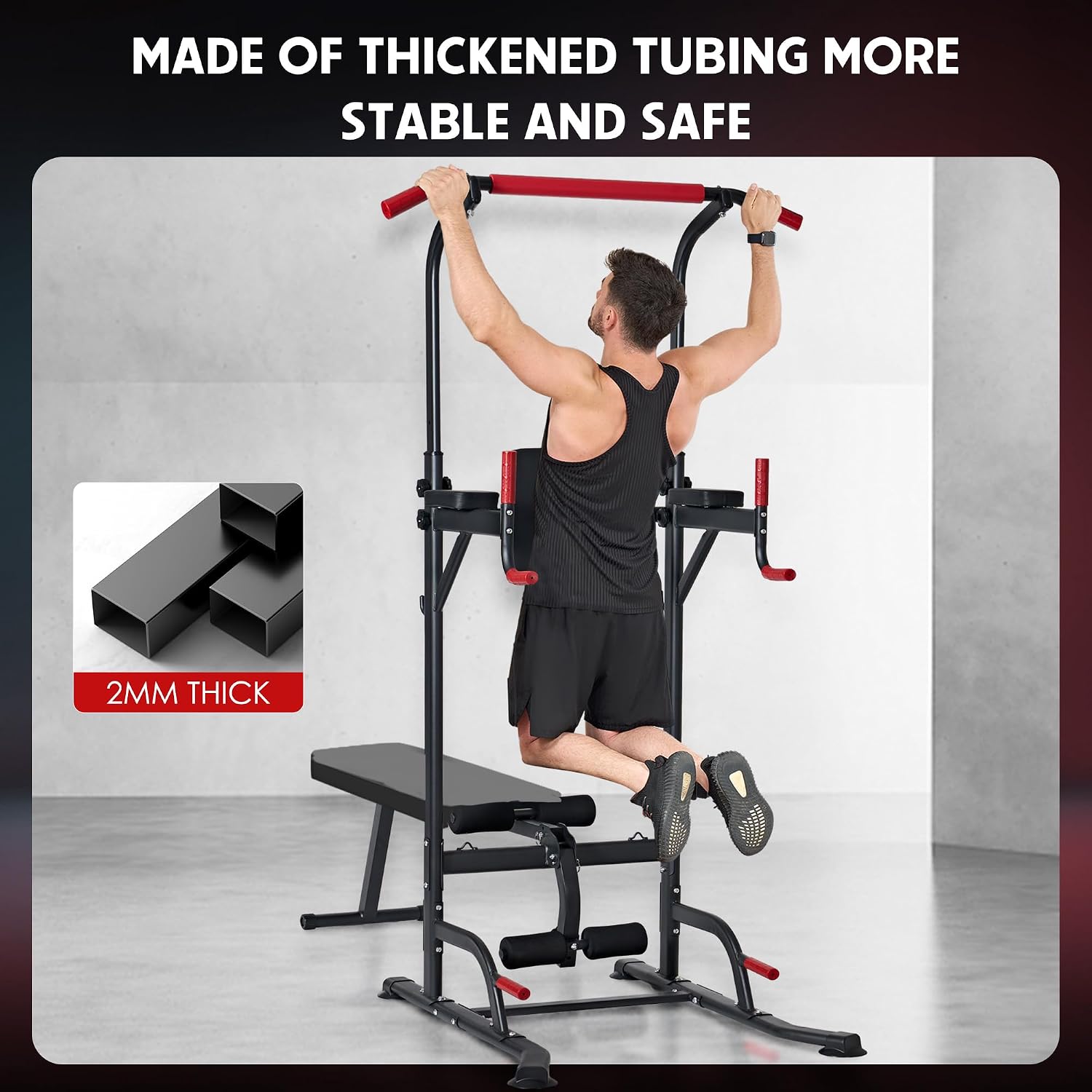SogesPower Power Tower Pull Up Bar Station Multi-Function Adjustable Height Workout Dip Station Strength Training Equipment for Home Gym Fitness Equipment with Folding Multi-purpose Dumbbell Bench 330LBS