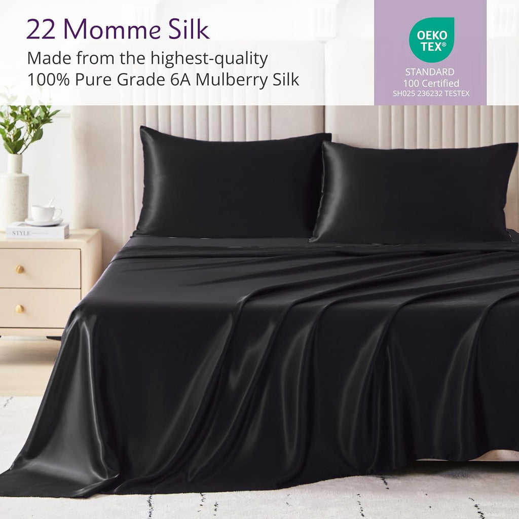 Mulberry Park Silks - 22 Momme 100% Mulberry Silk Sheets - Queen Size Bed Set - 16' Pocket - Luxurious Bed Sheets & Pillowcases, Skin-Friendly & Breathable - Charmeuse Silk for Hair Care - Black