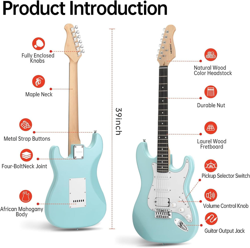 MOSEN Beginner Electric Guitar 39 inch Solid Body, HSS Pickup with Coil Split, Full Size Guitar Starter Set w/Amp, Gig Bag, Tuner, Capo, Cable, All Accessories,MS-SS60-Ice Blue