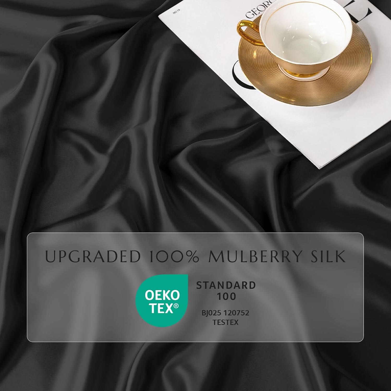 THXSILK 100% Mulberry Silk Fitted Sheet Set, 7A+ Silk 3 Pieces Bed Sheets, Breathable, Smooth, 16 Inch Deep Pocket Fitted Sheet, 2 Pillowcases - Black, Queen