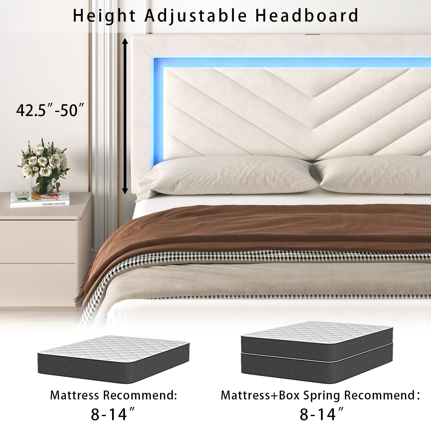 Incyneva Upholstered Full Bed Frame with LED Headboard and Storage Drawer, Velvet Platform Bed Frame Full Size with Charging Station, Adjustable Headboard, No Box Spring Needed, Off White
