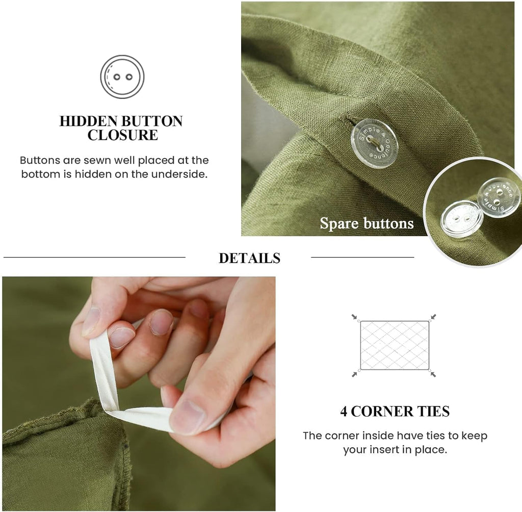 Simple&Opulence 100% Linen Duvet Cover Set, 3 PCS Natural French Flax Ruffle Duvet Cover King Size, Breathable Comfy Linen Bedding Comforter Cover with 2 Pillowcases (Olive Green, 104' X 92')