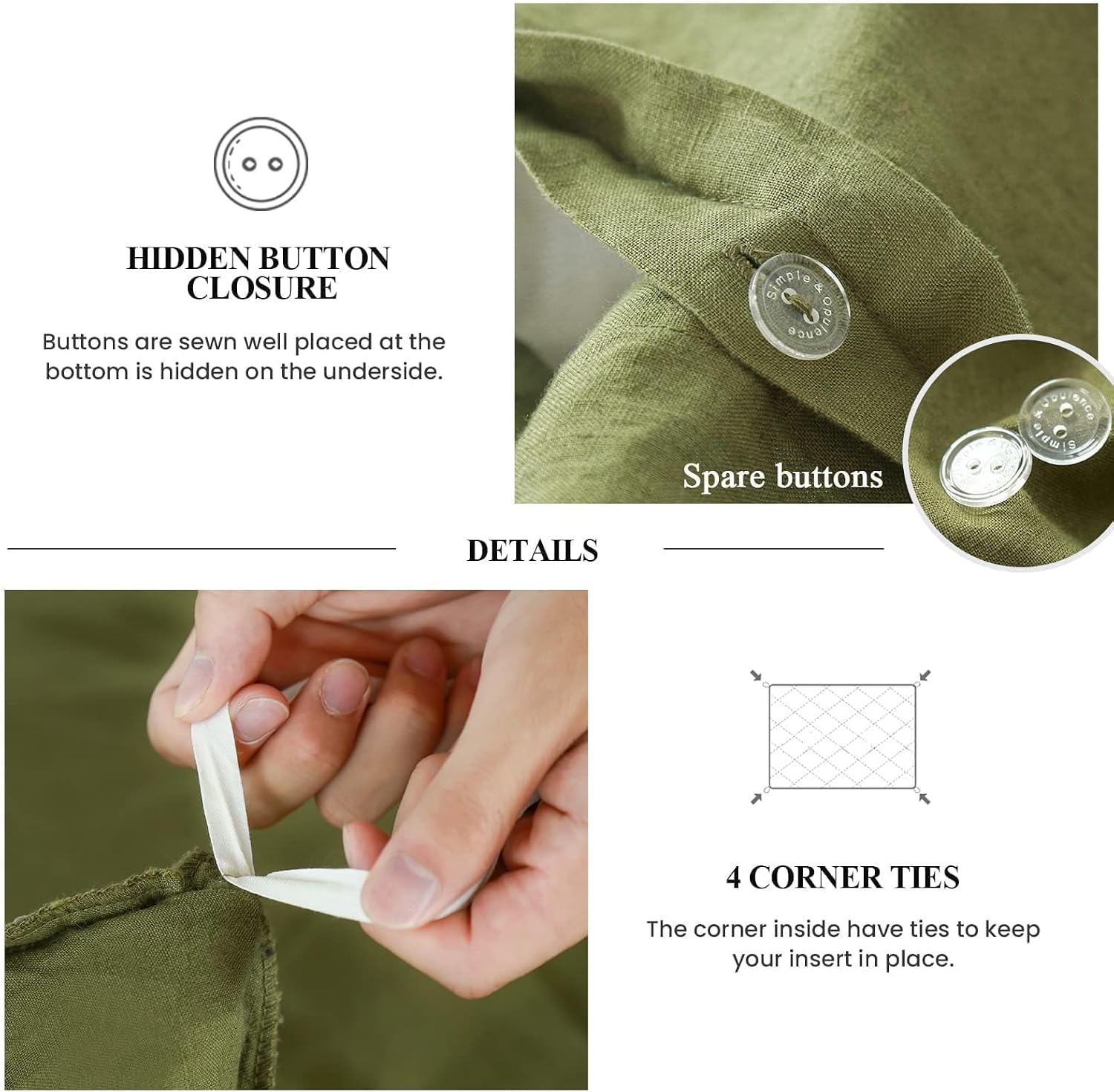 Simple&Opulence 100% Linen Duvet Cover Set, 3 PCS Natural French Flax Ruffle Duvet Cover King Size, Breathable Comfy Linen Bedding Comforter Cover with 2 Pillowcases (Olive Green, 104' X 92')