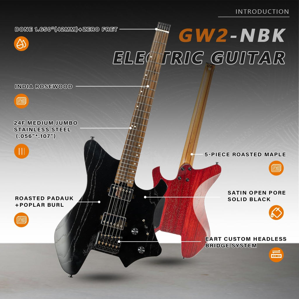 EART GW2 25.5' Headless Electric Guitar - Roasted Padauk Soild Body/5pc Maple Neck - Alnico-V Pickups, Stainless Frets