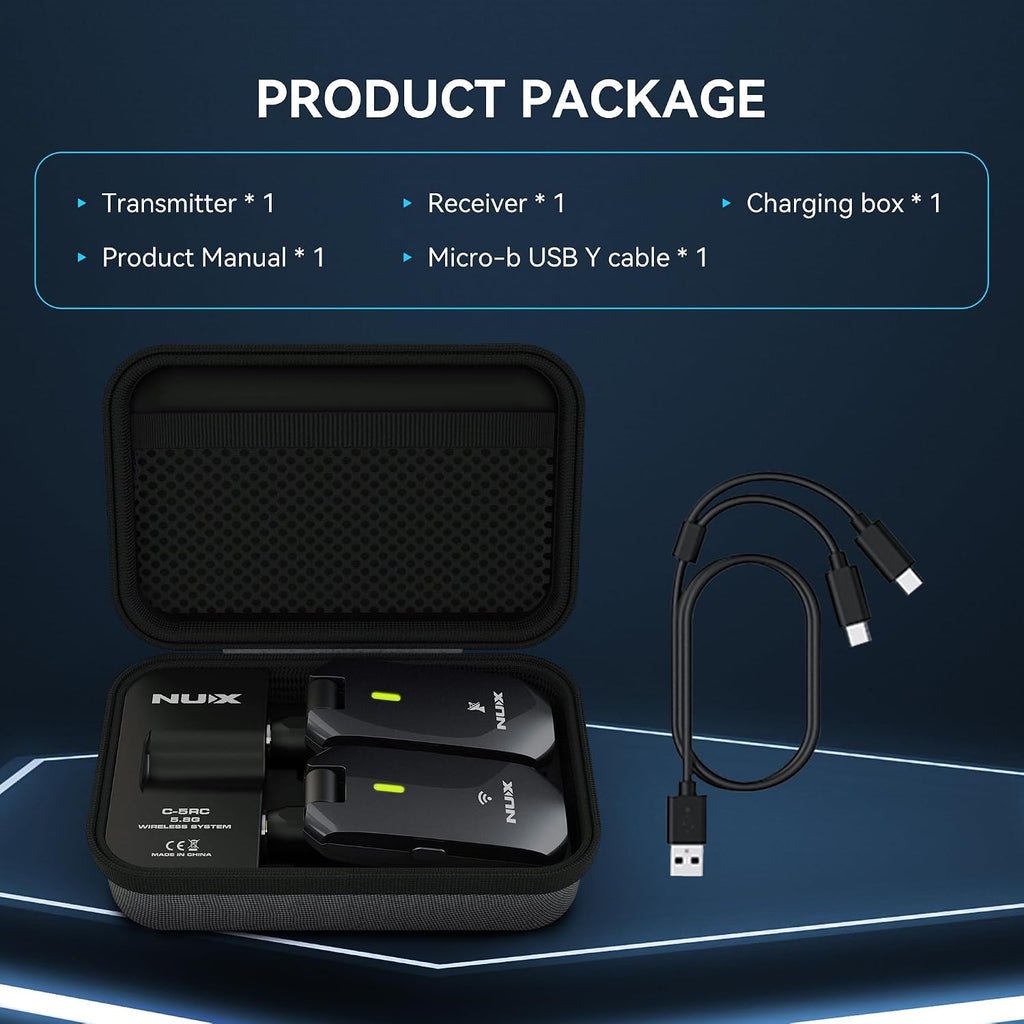 NUX C-5RC 5.8GHz Wireless Guitar System for Active or Passive Pickup Guitar, Charging Case included, UHF Guitar Wireless Transmitter Receiver Low Interference, Auto Match