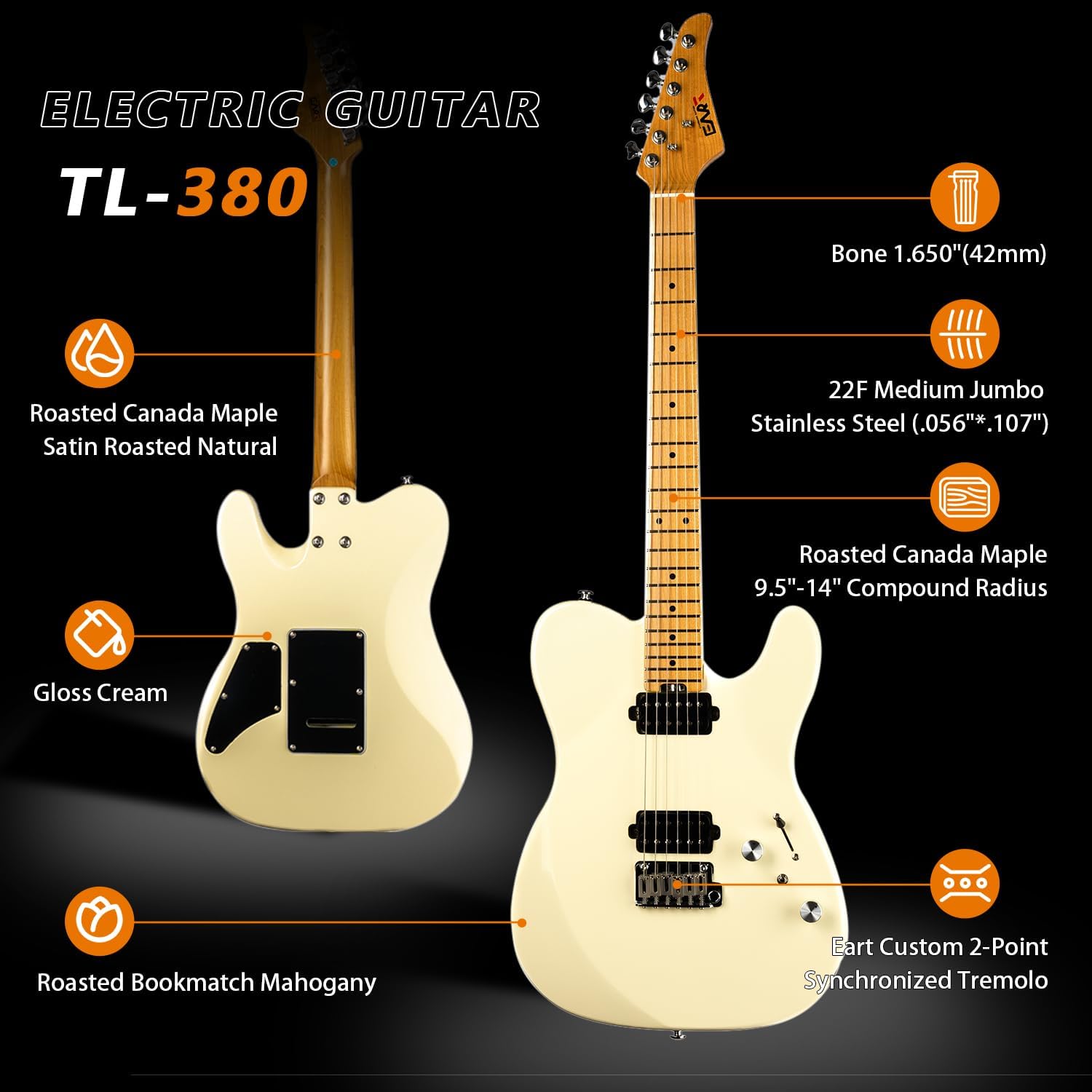 EART TL-380 Professional Electric Guitar for Versatile Players | Roasted Maple Neck & Fingerboard, Humbuckers with Coil-Split, Stainless Steel Frets, Gloss Finish