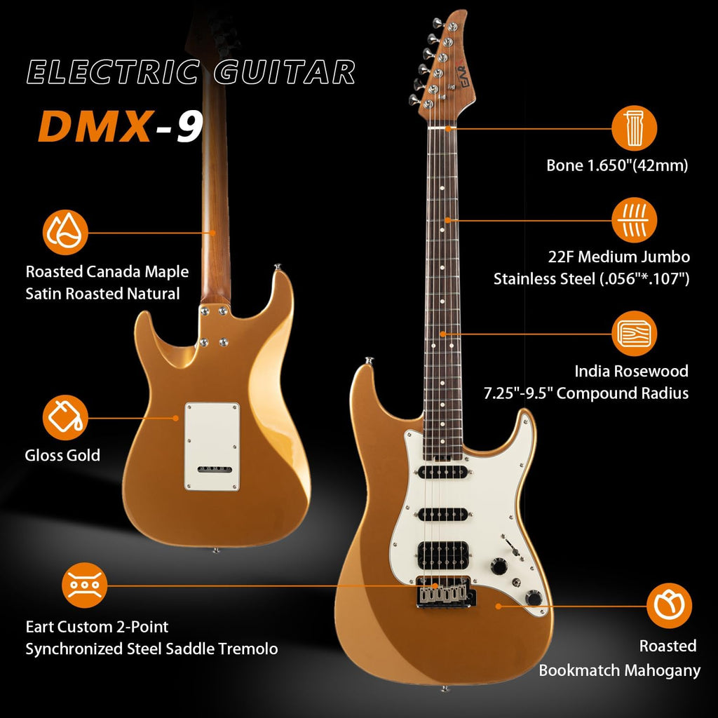 EART Electric Guitar DMX-9, 6 String Tremolo Bridge, Humbucker Pickups, Solid Body, 5-Way Switch Guitars (Gold)