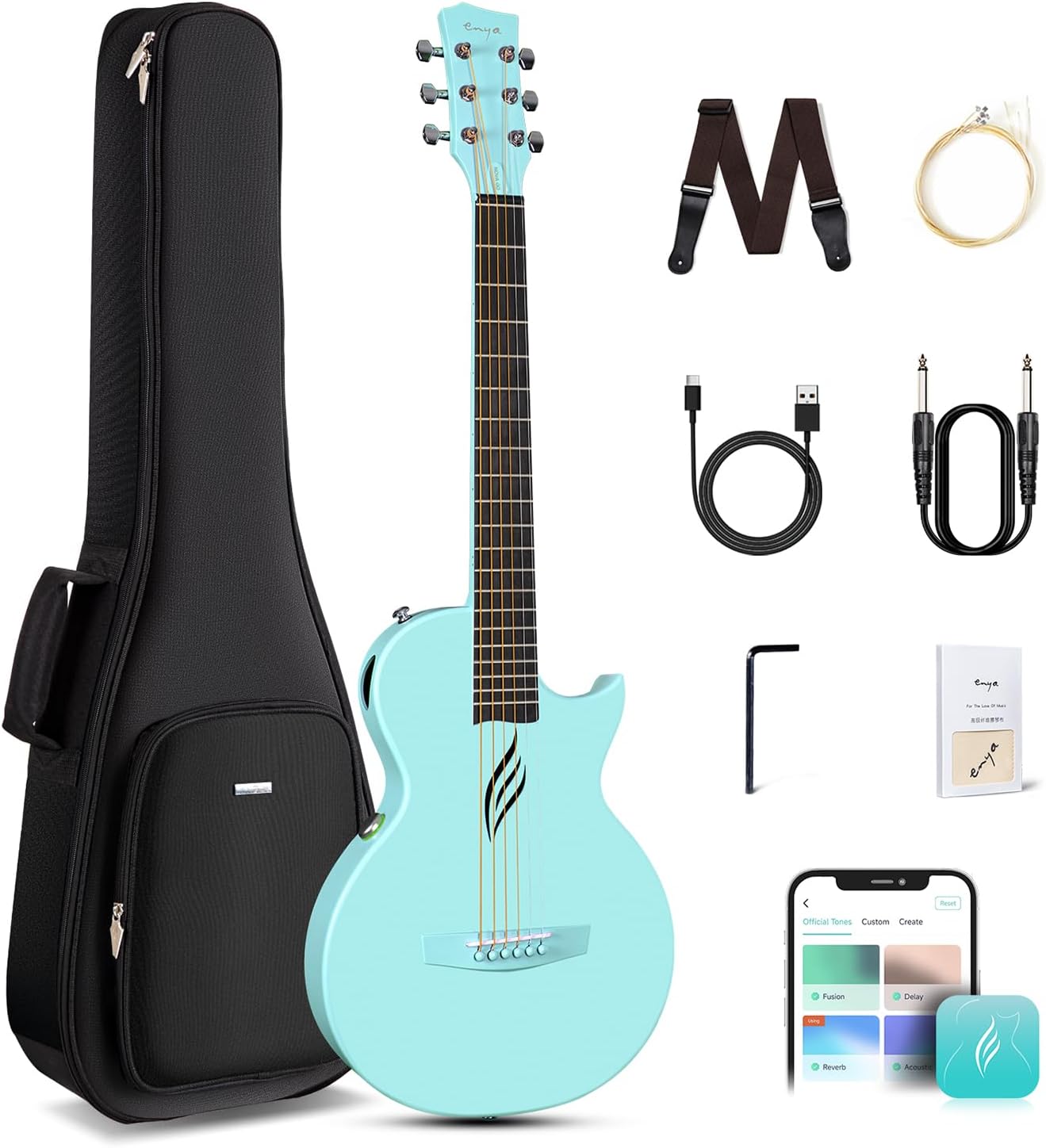 Enya NOVA GO SP1 Carbon Fiber Travel Guitar - 35' Acoustic Electric with Smart AcousticPlus Technology, Built-in Effects, USB Recording, Bluetooth Speaker, Beginner Bundle with Gig Bag & Accessories