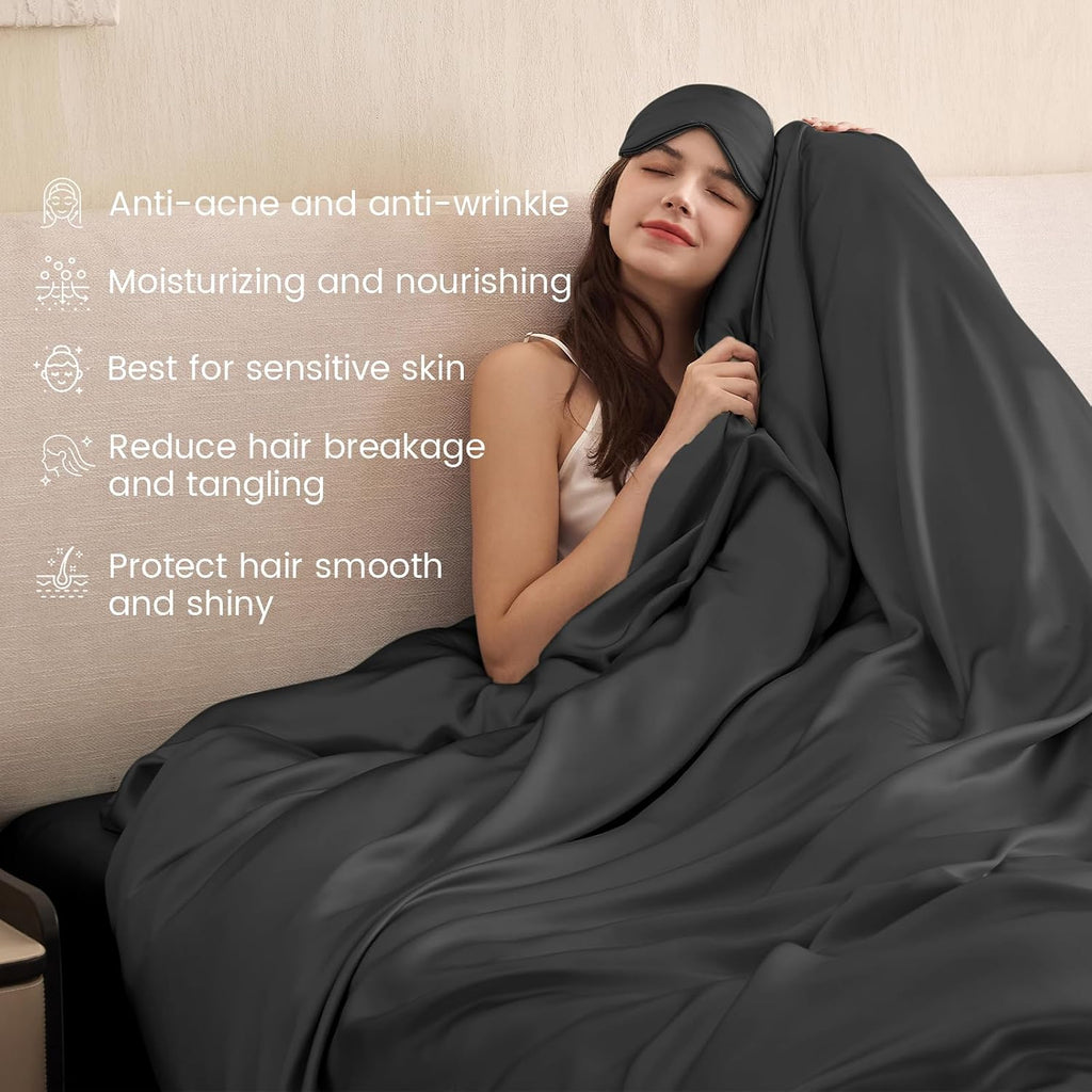 THXSILK 100% Pure Mulberry Silk Duvet Cover Set 3 Piece, 6A+ Grade Luxury Soft Bedding Silk Sheets for Hair and Skin, 1 Pcs Duvet/Quilt/Comforter Cover with 2 Zippered Pillowcases (Black, Twin)