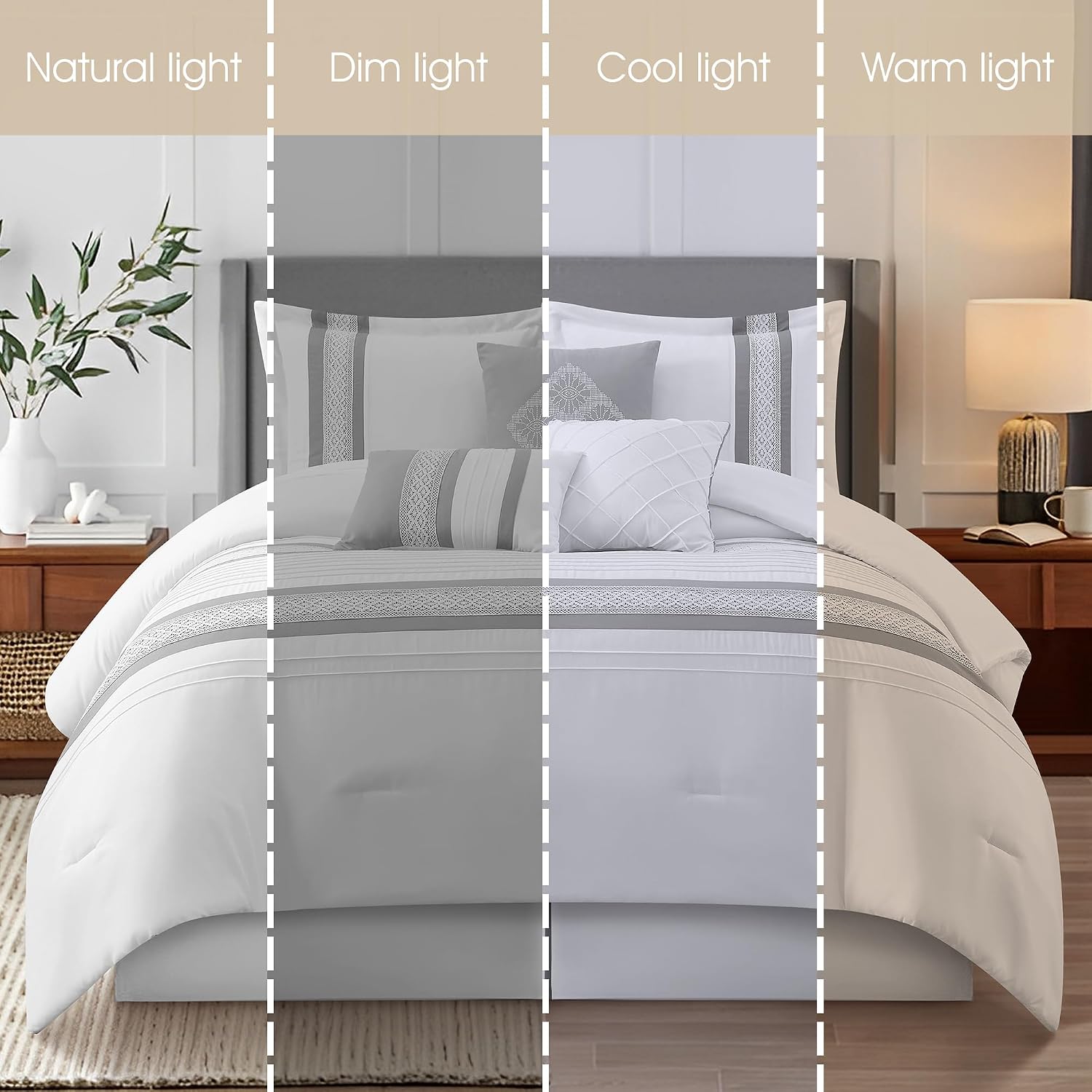 Grand Avenue Striped 7 Piece Grey White Comforter Set, California King Size Microfiber Bedding, All Season Bedding Set, Bed Skirt, Pillows & Shams