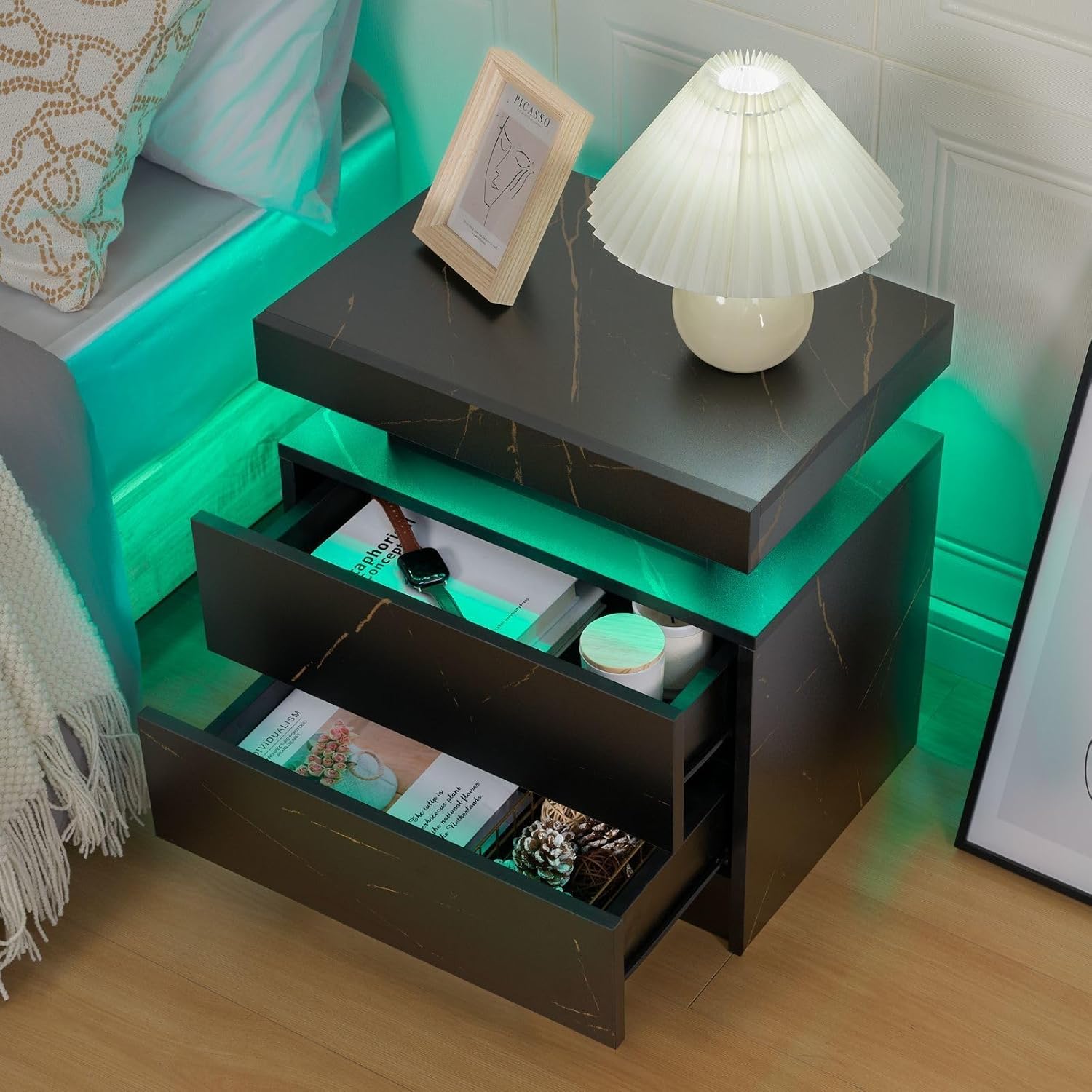 Bingoday LED Nightstand Set of 2,Modern Night Stand with 2 Drawers,Bedside Table for Bedroom Set of 2,End Side Table