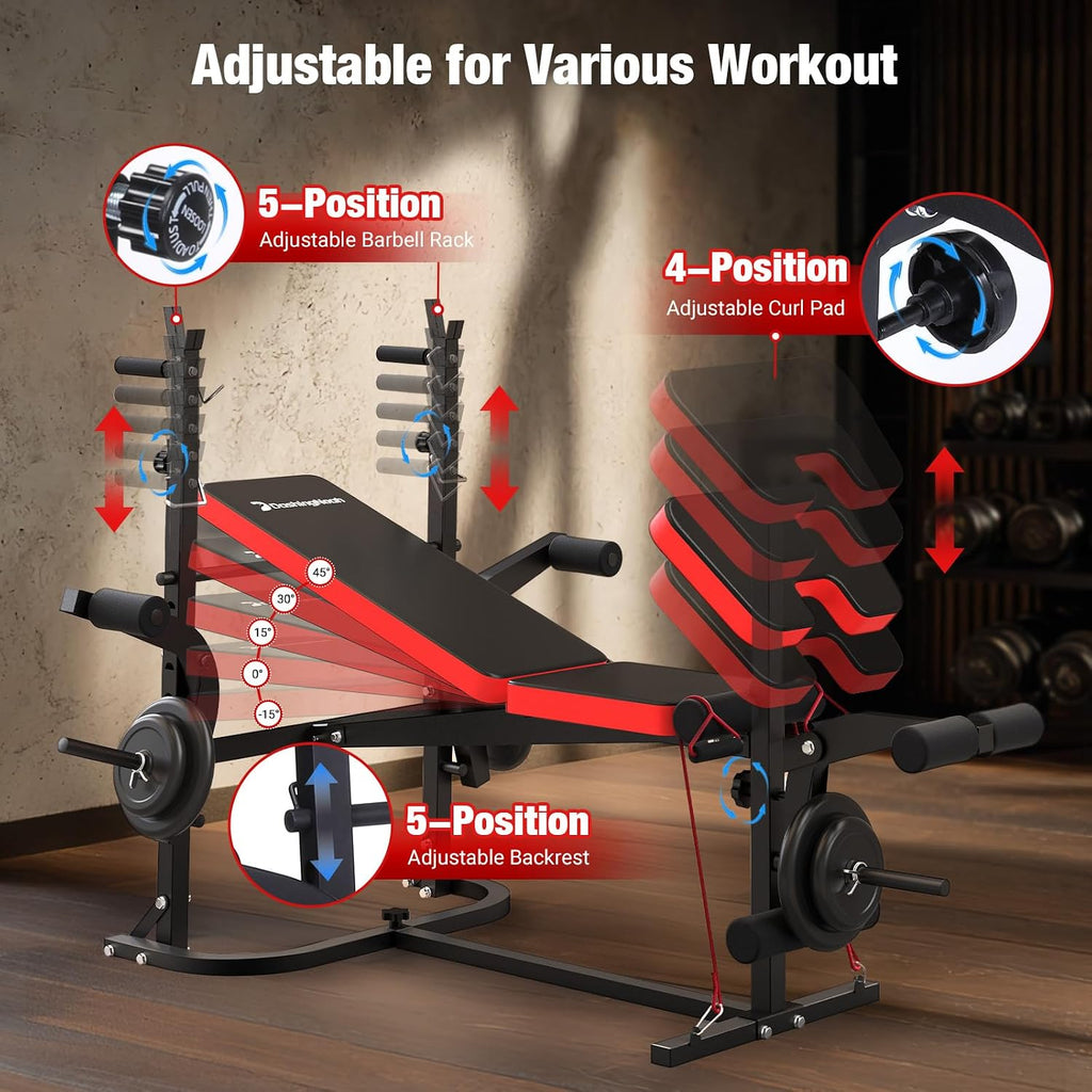 6-in-1 Foldable Weight Bench Set, 1695LBS Adjustable Workout Bench/Barbell Rack/Curl Pad, Bench Press, Leg Extension and Curl machine, Workout Fitness Equipment w/Squat Rack for Home Gym