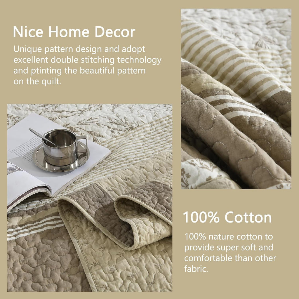 Finlonte 100% Cotton 120'x120' California King Bedspread, Cal King Size Quilted Bedspread Coverlet Extra Large Quilt Set, Floral Farmhouse XL Bed Spread Lightweight Comforter, Beige/Taupe/Cream, 3 pcs