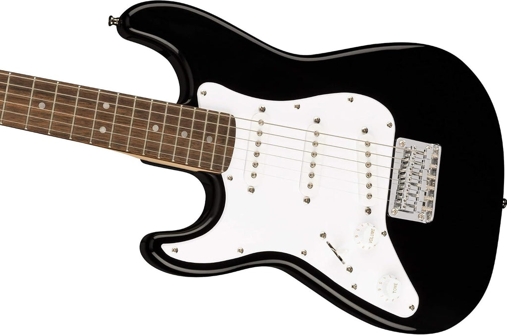 Fender Squier 3/4-Size Left-Handed Kids Mini Strat Electric Guitar - Black Bundle with Amplifier, Instrument Cable, Tuner, Strap, Picks, and Austin Bazaar Instructional DVD