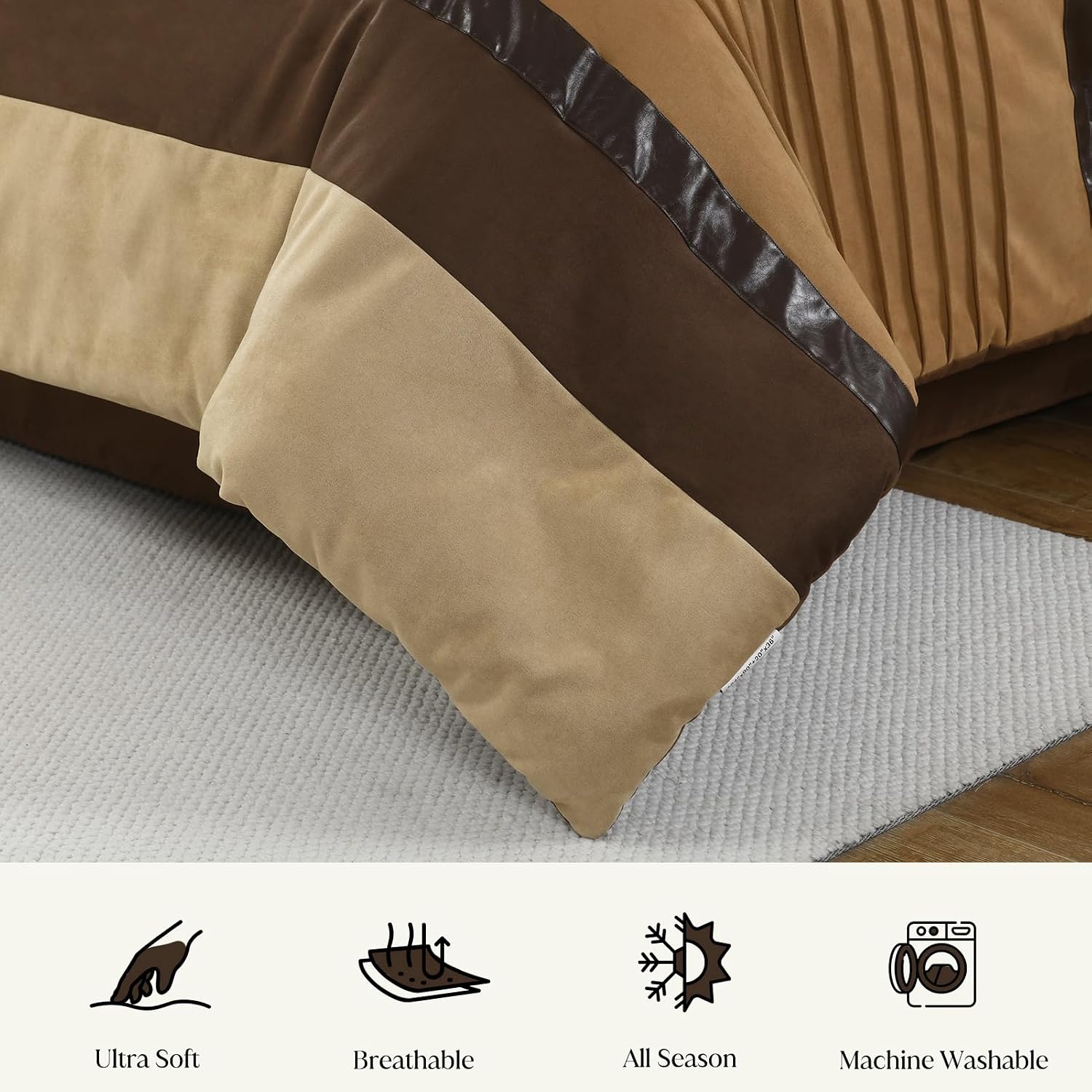 CozyDH Brown Queen Comforter Set - Luxury 7 Piece Faux Suede Bed in a Bag, Farmhouse Rustic Stripe & Pleated Pieced Design, All Season Down Alternative Bedding with Bedskirt, Shams, Decor Pillows