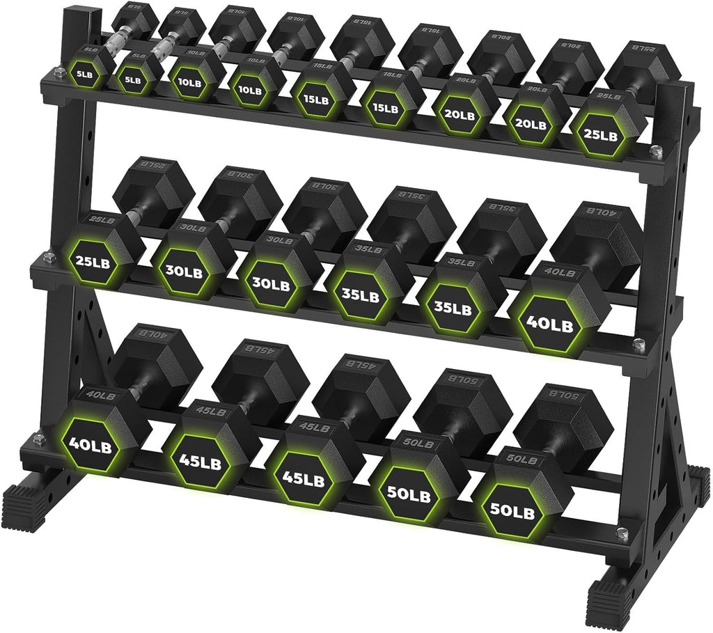 HANDBODE Hex Dumbbell Set with Rack, 300-840 lb Rubber Coated Fixed Weights Sets with Heavy Duty Storage Stand, Hexagon Shape, Multiple Weight Options Home Gym Equipment for Strength Training