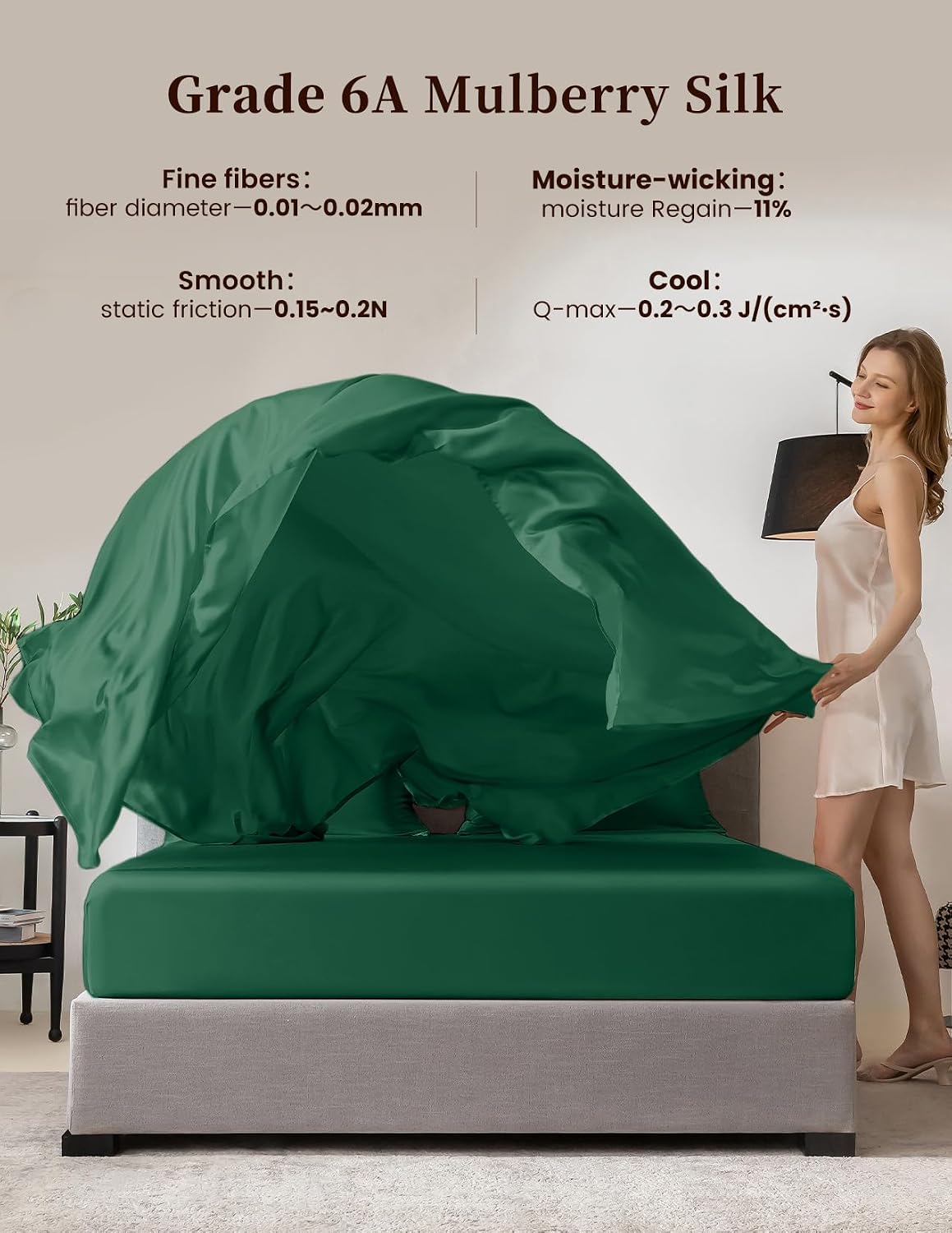 THXSILK 100% Mulberry Silk Bed Sheets Set - 4pcs Pure Silk Sheets Set - Flat Sheet, 16' Deep Pocket Fitted Sheet, 2 Pack Silk Pillowcase with Zipper Closure - Queen Size, Emerald Green