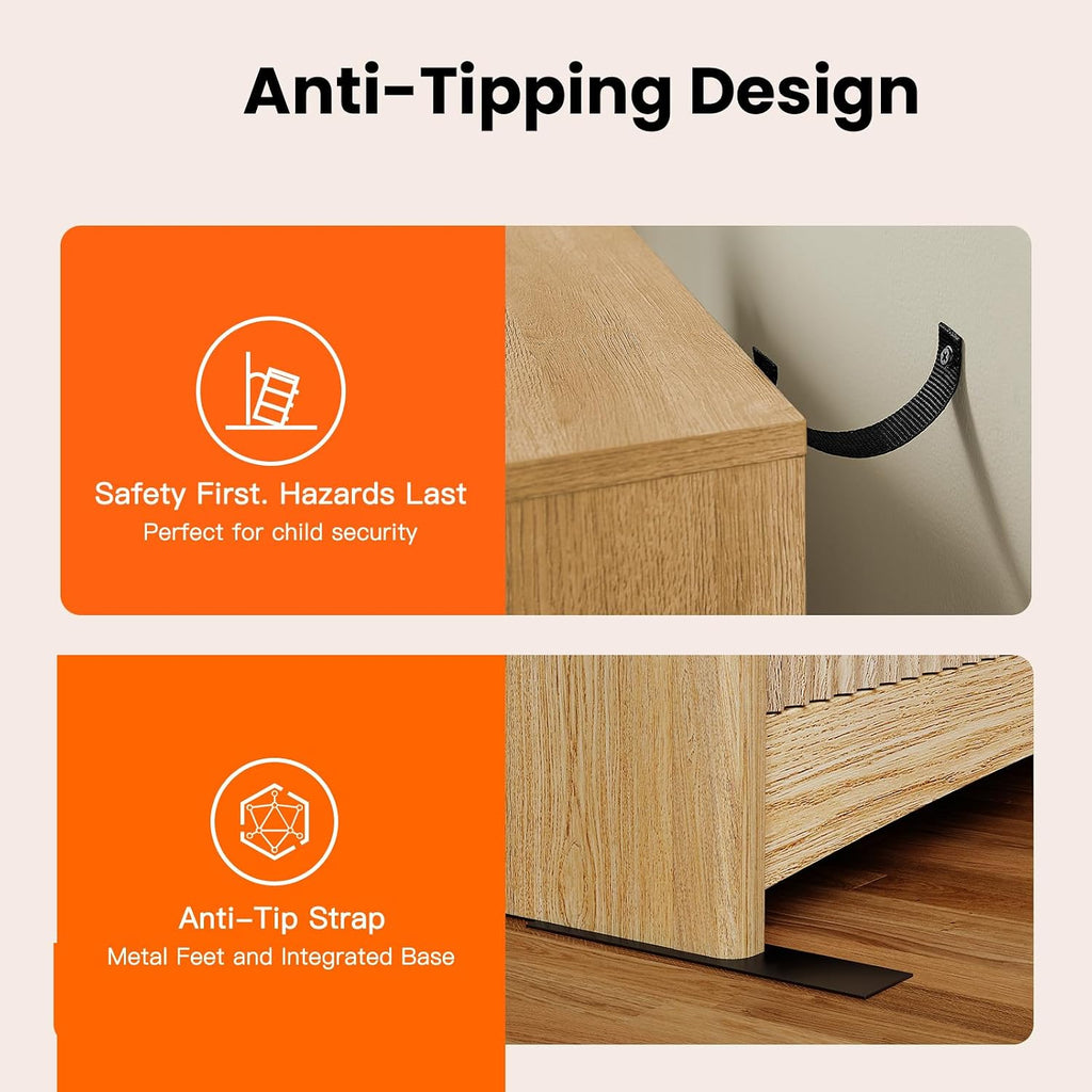 Pipishell Fluted Dresser for Bedroom, Wide Wooden Dresser with 6 Deep Drawers, Closet Storage Organizer with Round Corner & Pre-Installed Slides, Modern Chests of Drawers for Bedroom, Natural Oak