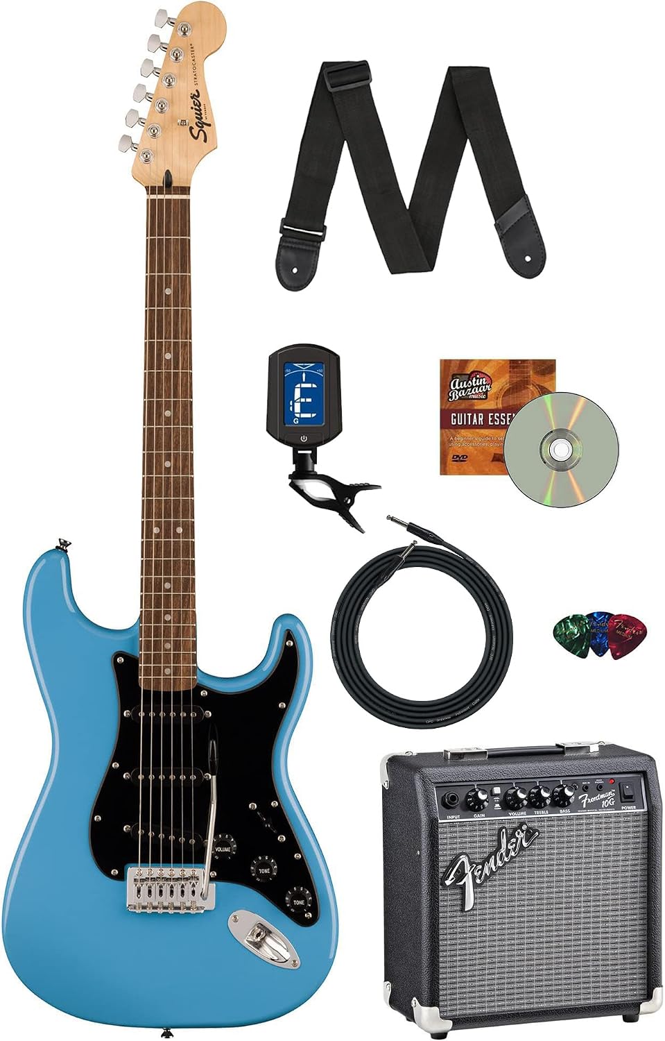 Fender Squier Sonic Stratocaster - California Blue Bundle with Frontman 10G Amp, Tuner, Strap, Cable, Picks, and Austin Bazaar Instructional DVD