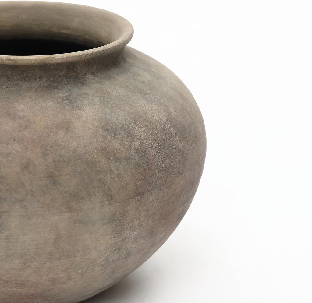 LuxenHome Round Rustic Ceramic Vase, 10' Wide Terracotta Pot with Earthy Gray-Brown Finish, Vintage Decorative Vase for Dining Table Home Decor, Farmhouse Pottery Vases for Shelf Living Room Decor