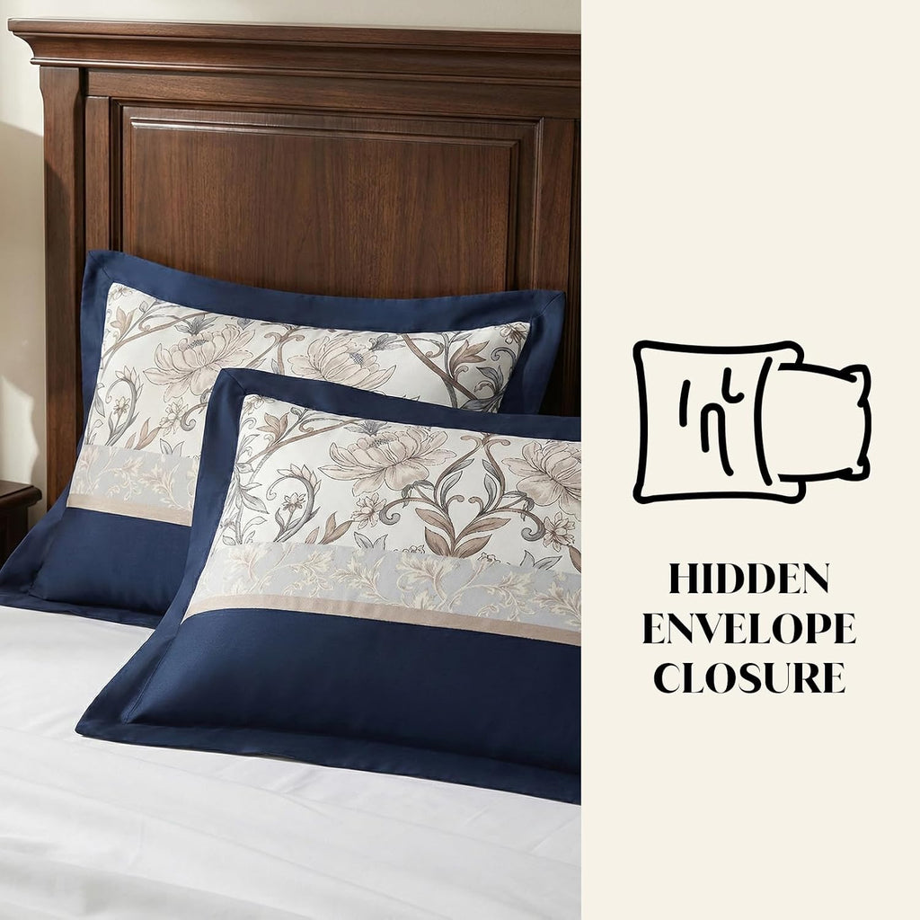 CozyDH 7-Piece Vintage Vine Floral Comforter Set, Navy Beige, Queen - 300TC Cotton Luxury Farmhouse Pleated Design, All-Season Down Alternative Bedding with Bedskirt, Shams, Decor Pillows, 90x90 in