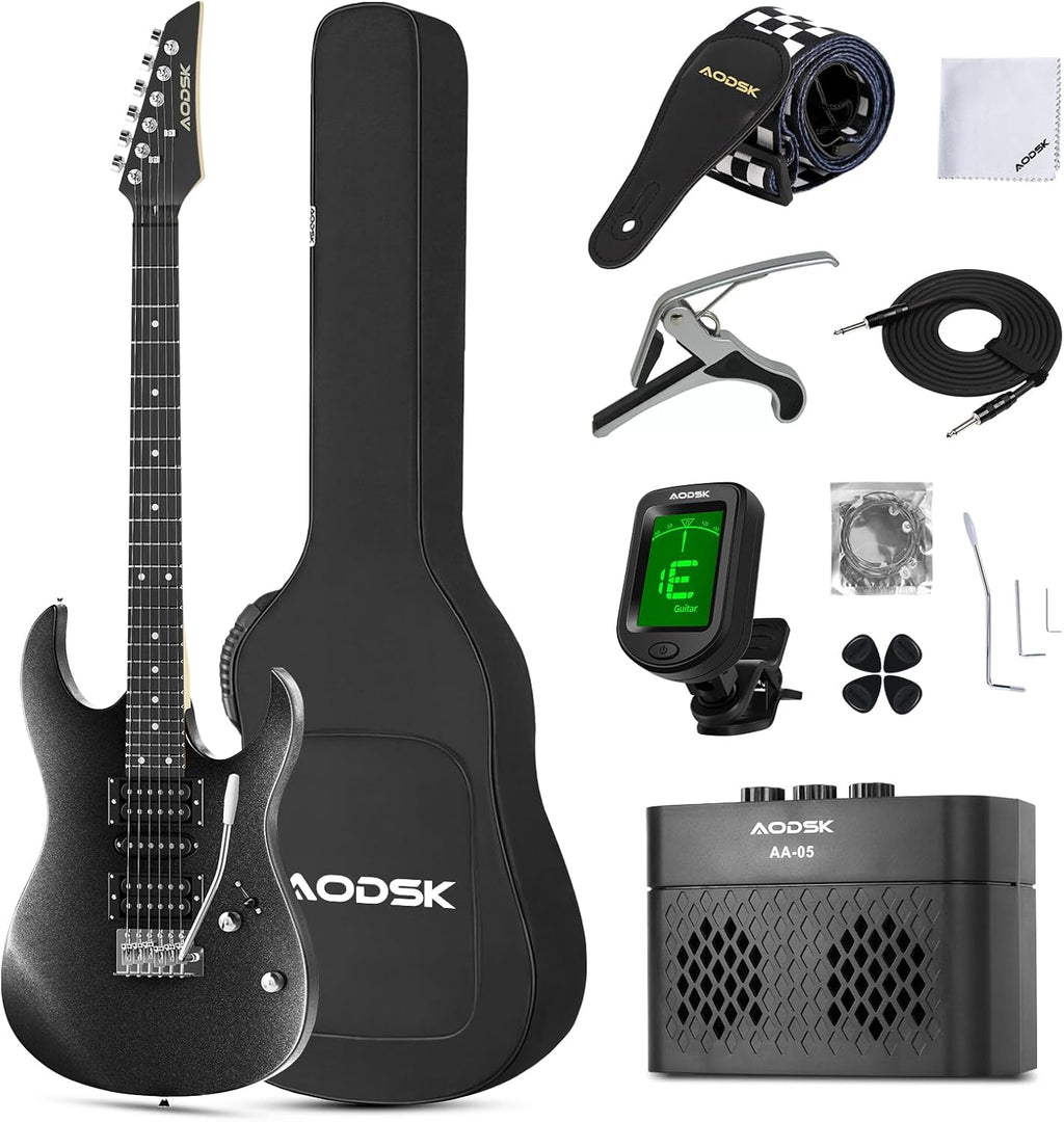 AODSK Electric Guitar,39'' Beginner Electric Guitar Kit,Full Size Electric Guitar Starter Kit with Amp, Case and Accessories Pack Beginner Starter Package-Black, AX70A-BK