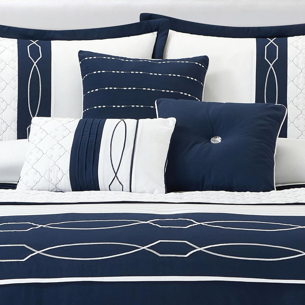 LANCO MODERN LIFESTYLE 7 Piece Comforter Set, California King, White Navy Geometric Design, 100% Polyester, Luxury All Seasons Bed Set Includes Comforter, Bed Skirt, Pillow Shams and Decor Pillows