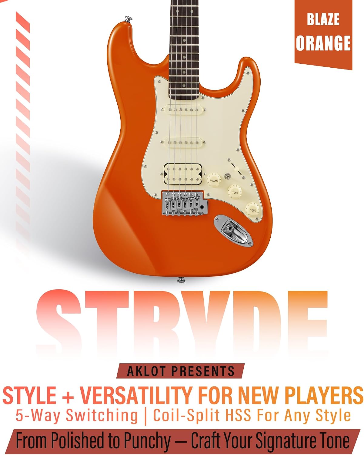 AKLOT Beginner Electric Guitar Kit: 10W Amp, Coil-Split HSS Pickups, Lesson Book, Roasted Maple Neck, Gig Bag, Tuner, Strap, Picks, Stryde Blaze Orange