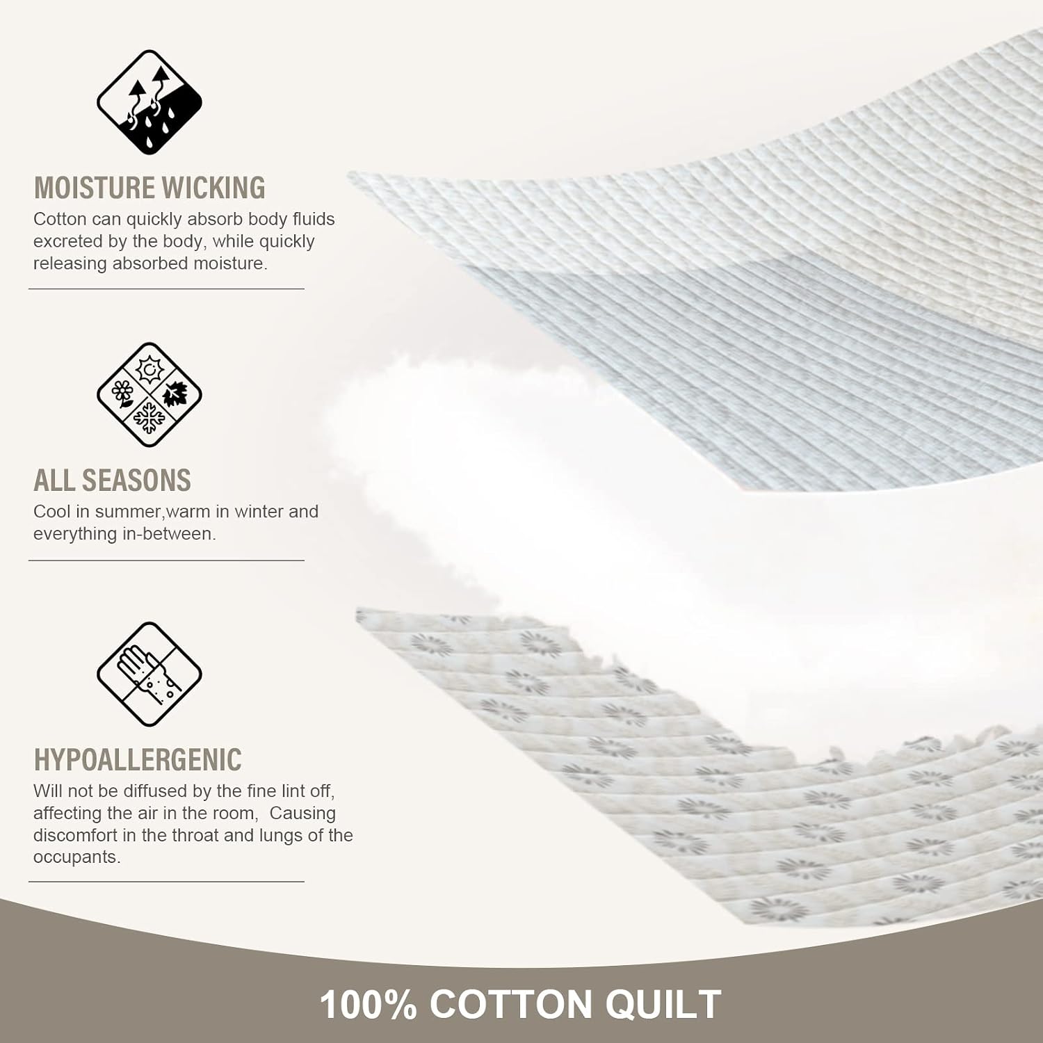 Y-PLWOMEN King Size Quilt, 100% Cotton Lightweight Soft King Quilt, Cream Grey White Quilted Bedspread, Patchwork Reversible Quilt Bedding Set All Season, 3-Pieces1