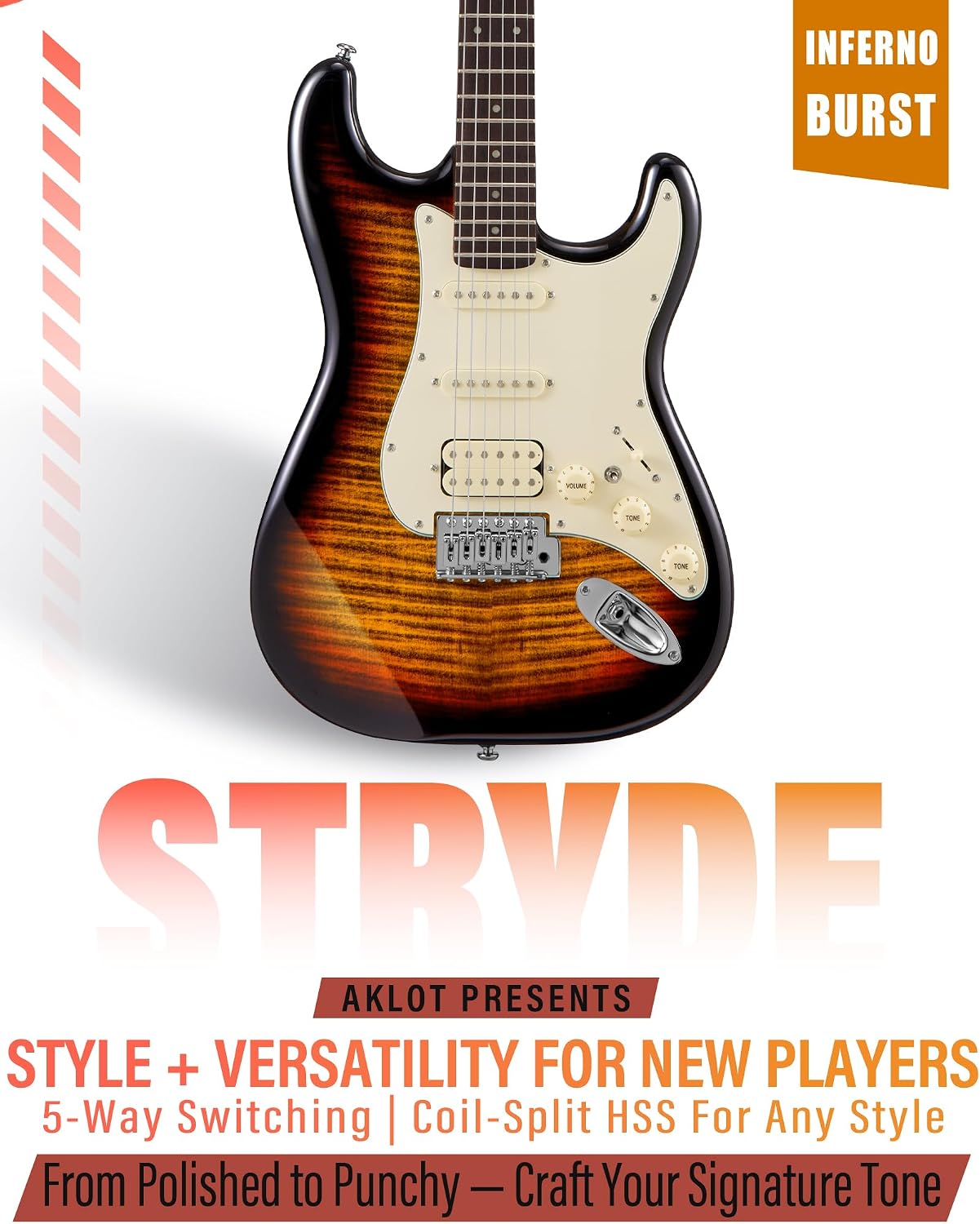 AKLOT Beginner Electric Guitar Kit: 10W Amp, Coil-Split HSS Pickups, Lesson Book, Roasted Maple Neck, Gig Bag, Tuner, Strap, Picks, Stryde Inferno Burst