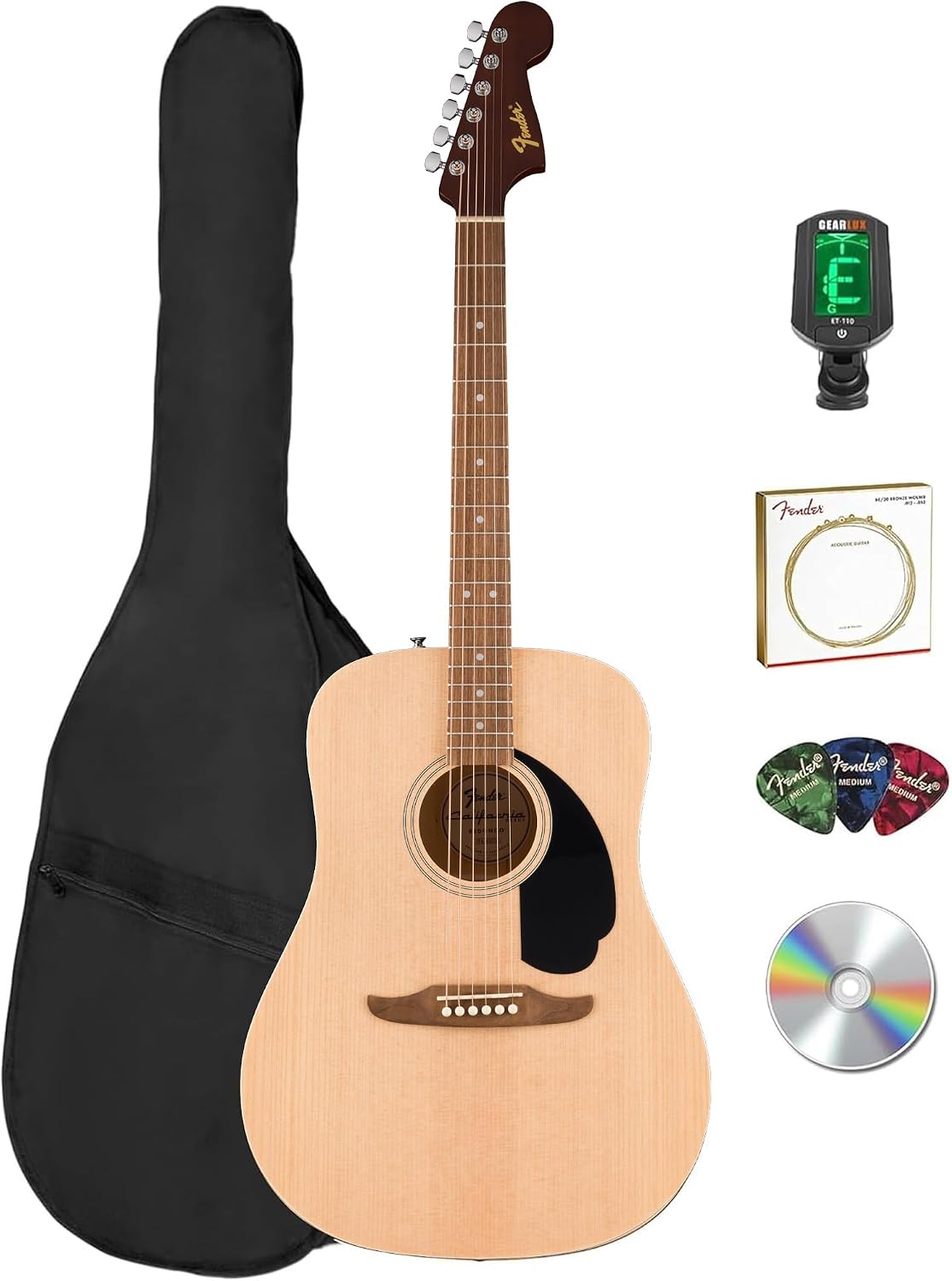 Fender Dreadnought Acoustic Guitar - Natural Bundle with Gig Bag, Tuner, Strings, Picks, and Austin Bazaar Instructional DVD