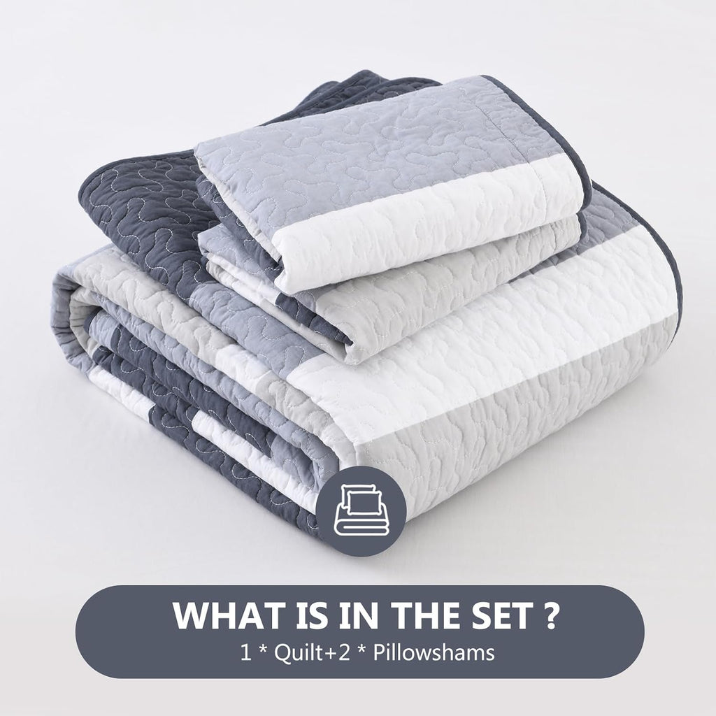 100% Cotton Quilt Set Queen Size, Queen Quilt Bedding Set, Striped Pattern Quilt Bedspread for Queen Bed, Modern Minimalist Bed Spread Lightweight Comforter, 3Pcs, Charcoal-Blue/Gray/White