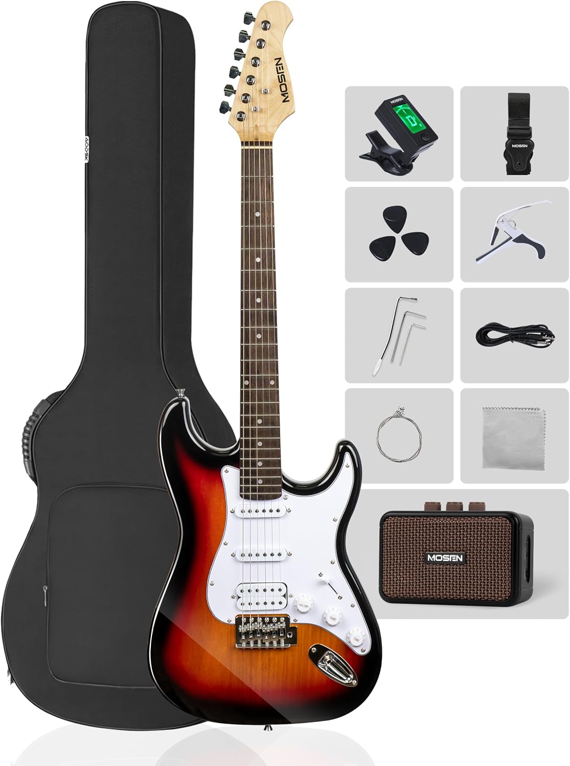 MOSEN Beginner Electric Guitar 39 inch Solid Body, HSS Pickup with Coil Split, Full Size Guitar Starter Set w/Amp, Gig Bag, Tuner, Capo, Cable, All Accessories,MS-SS60-Sunbrust