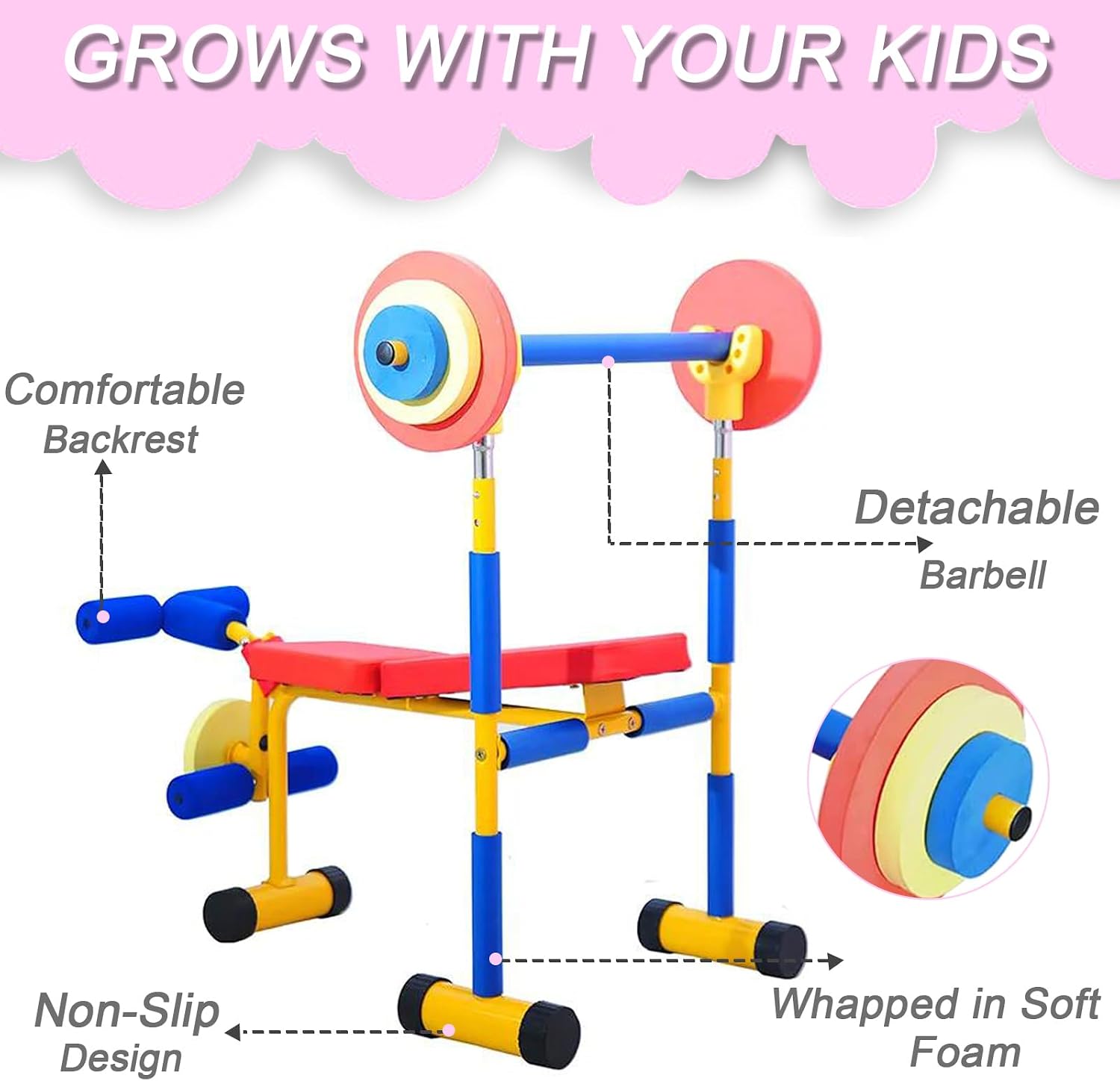 Bench and Leg Press for Kids, Fitness Exercise Equipment for Kids, Children Workout Barbell Dumbbell Weight Set for Ages 3-12 Year Old