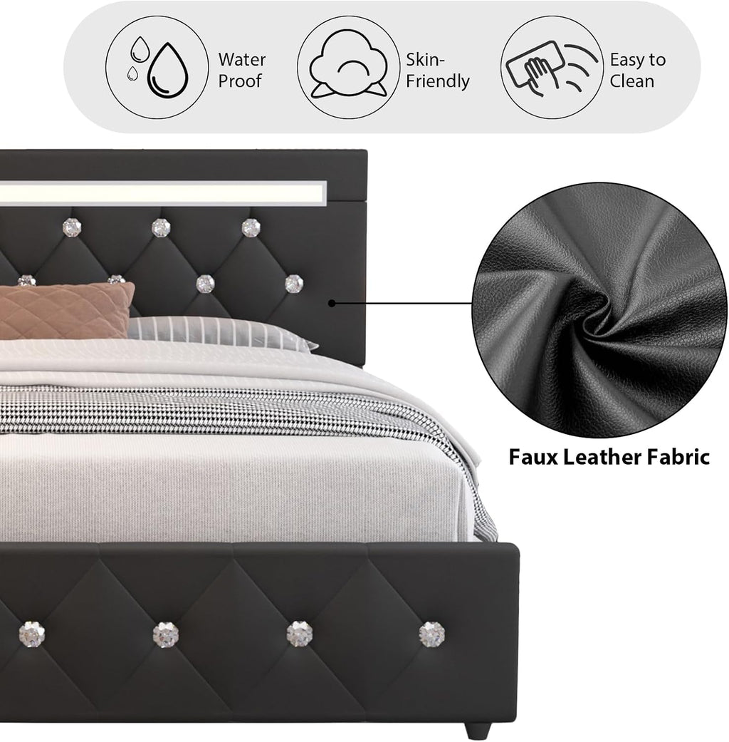 Full Size Bed Frame, Storage Bed with 4 Drawers and Adjustable Headboard, Upholstered Platform Bed with Handy Charging Station and LED Light, Noise Free, Easy Assembly, No Box Spring Needed, Black