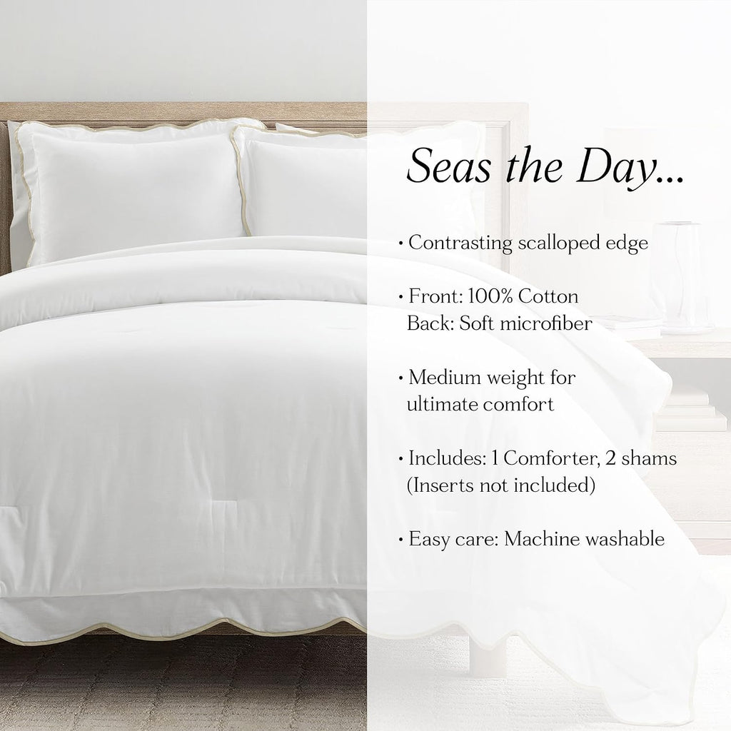 Lush Decor Coastal Chic Scalloped Edge Comforter Set, 3 Piece Set Full/Queen, Neutral & White - Queen Bedding Set - White Comforter Queen - Coastal Decor