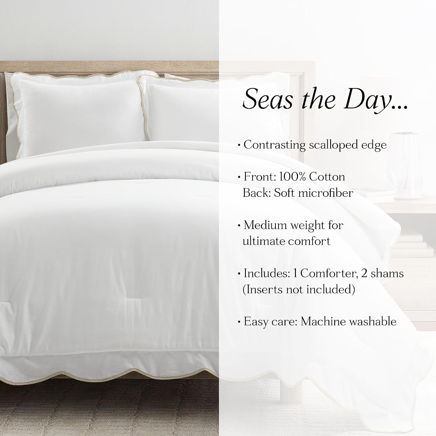 Lush Decor Coastal Chic Scalloped Edge Comforter Set, 3 Piece Set King/California King, Neutral & White - King Bedding Set - White Comforter King Size - Coastal Decor