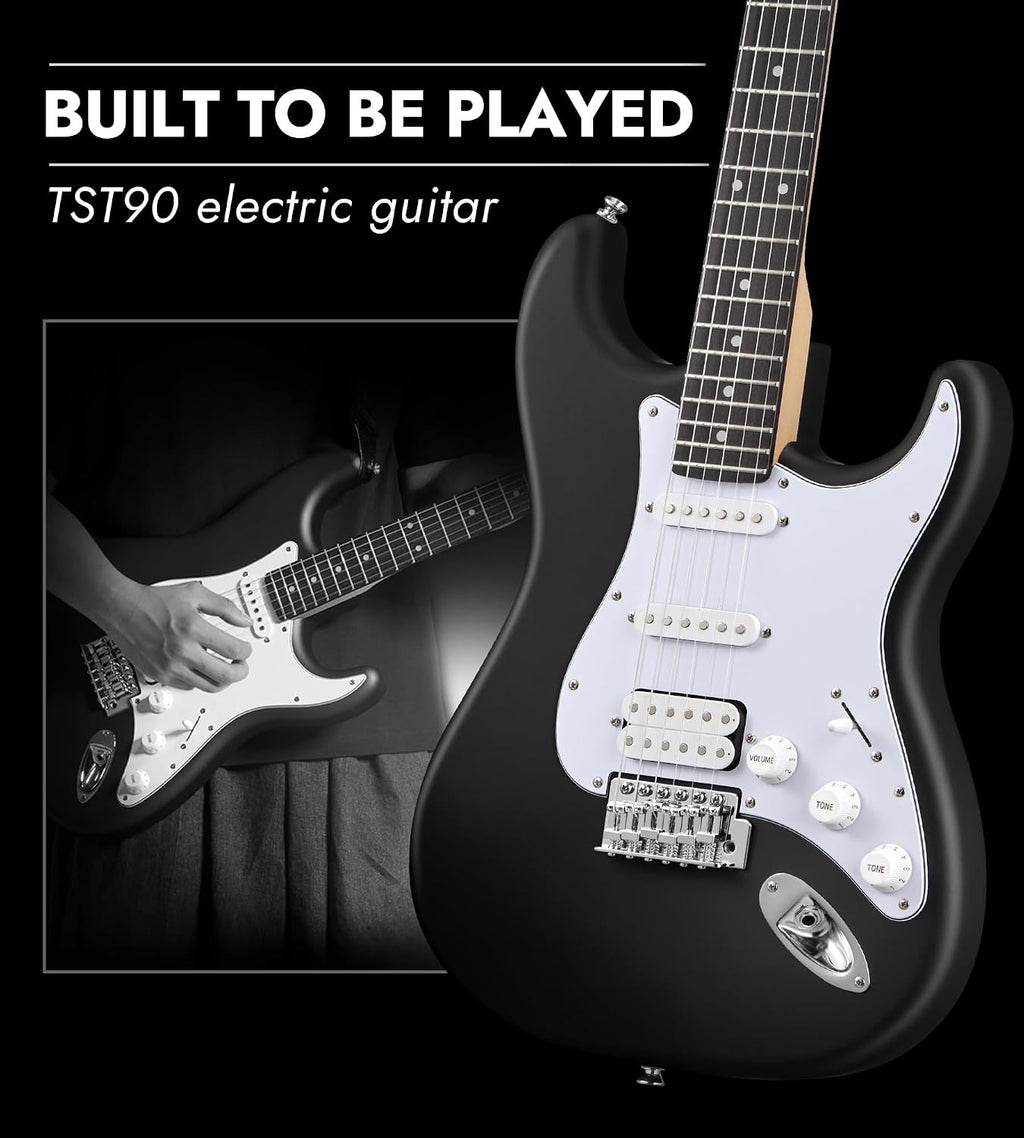Tostar Beginner Electric Guitar, Solid Body, 39' Full Size Strat Style with HSS Pickups, 5-Way Switch, Tremolo Bridge, Maple Neck & Tectona Fretboard, Ideal for Beginners and Gifting, Black
