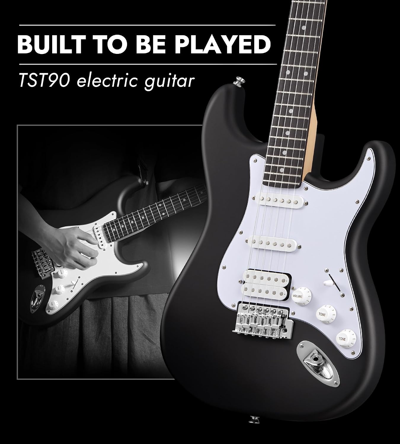 Tostar Beginner Electric Guitar, Solid Body, 39' Full Size Strat Style with HSS Pickups, 5-Way Switch, Tremolo Bridge, Maple Neck & Tectona Fretboard, Ideal for Beginners and Gifting, Black