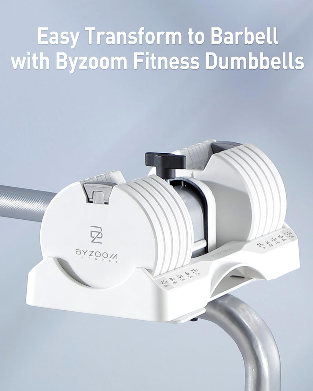 BYZOOM FITNESS Pure Series Easy Bar Exclusive for BYZOOM FITNESS 12.5/25/27.5 lb Adjustable Dumbbell to Barbell for Weight Training Fitness Exercise Full Body Workout for Home Gym Woman Beginner, White or Black