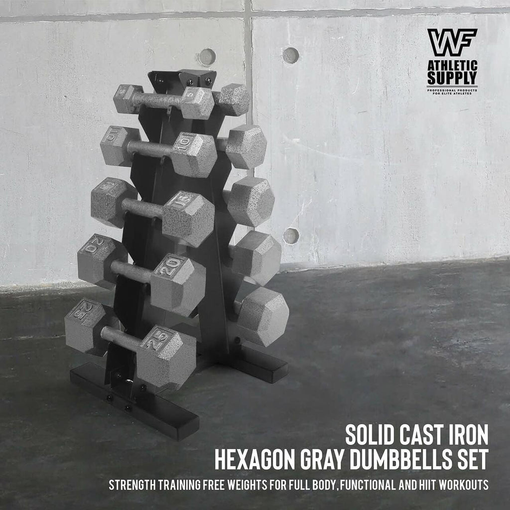 WF Athletic Supply 5-25 Lb Cast Iron Dumbbells Set with A Frame Storage Rack, Solid Gray/Black Hexagon Free Weights for Weight Lifting & Strength Training, Storage Rack Color Options Available
