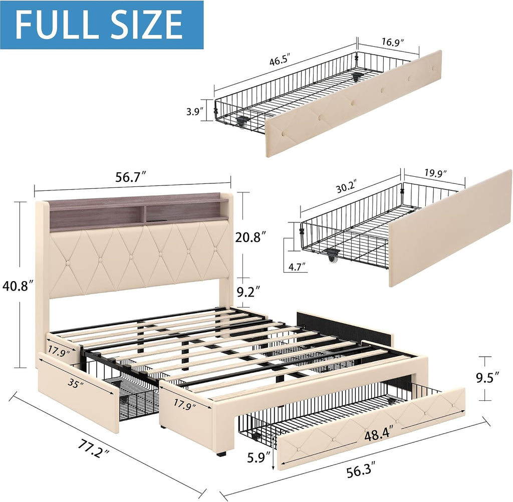 VECELO Velvet Full Size Upholstered Bed Frame with Headboard, Sturdy Platform Full Bed Frame with 3 Capacious Drawers, LED Light, Charging Station, USB Ports, Quiet, Easy Assembly, Beige
