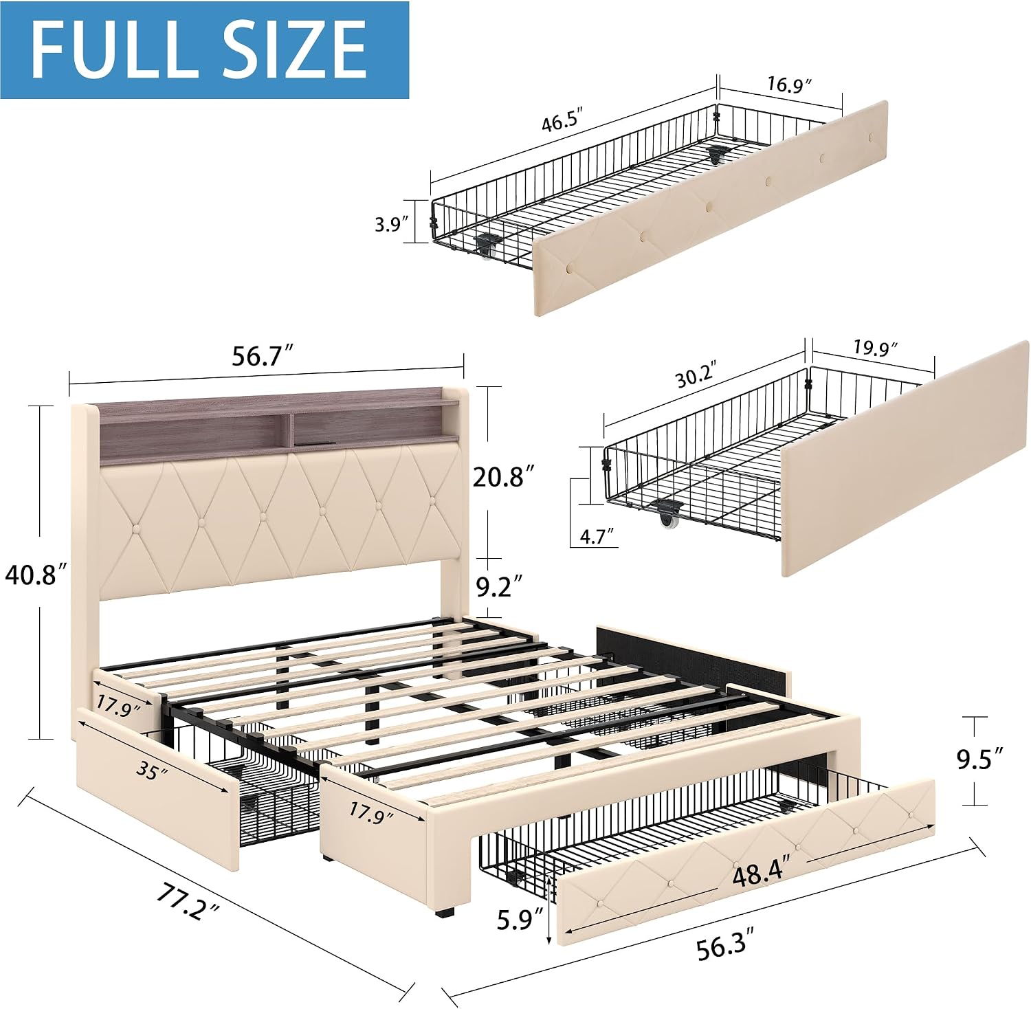 VECELO Velvet Full Size Upholstered Bed Frame with Headboard, Sturdy Platform Full Bed Frame with 3 Capacious Drawers, LED Light, Charging Station, USB Ports, Quiet, Easy Assembly, Beige