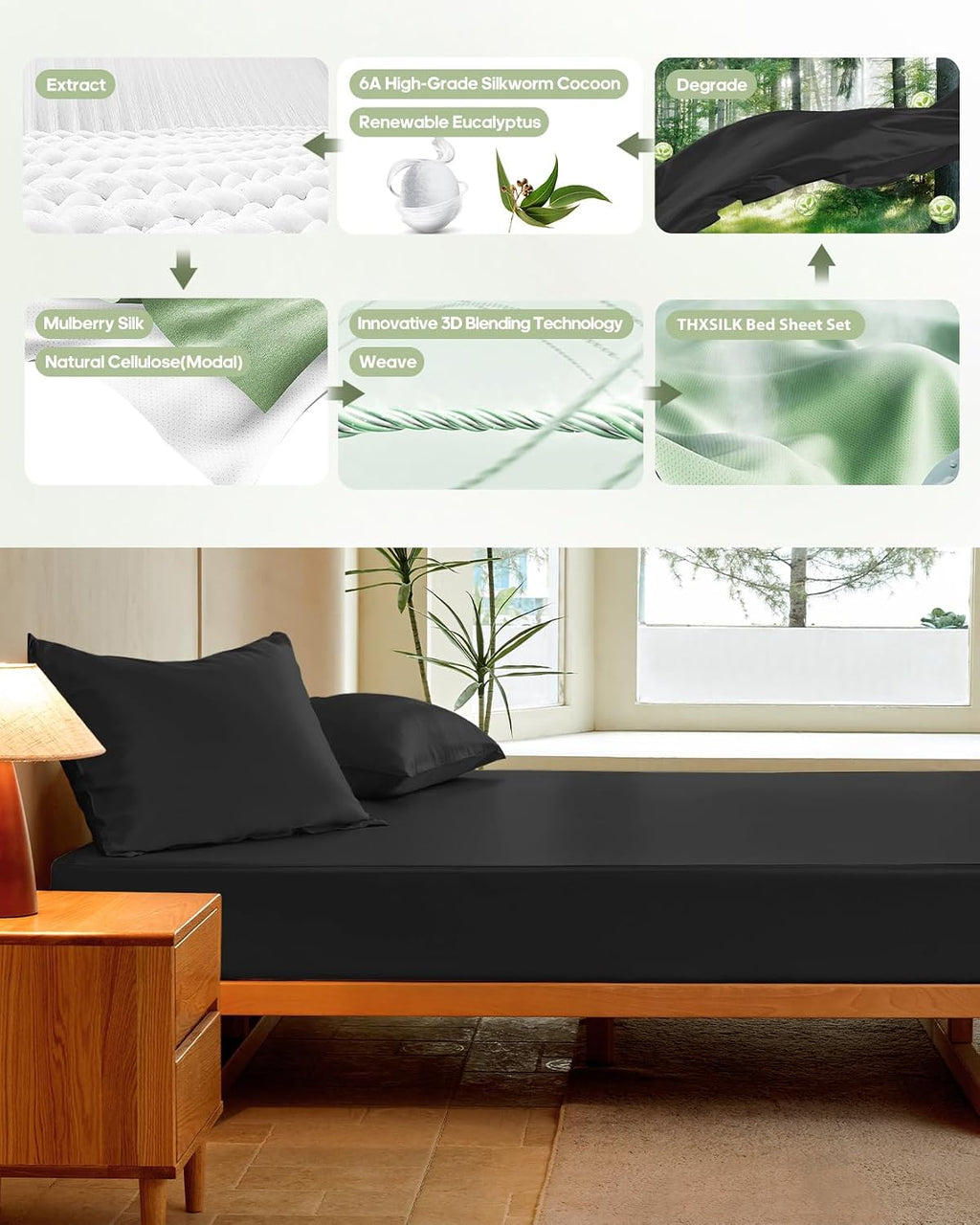 THXSILK Silk Sheet Set 3 Pcs, Full Size Sheet Set, Soft Breathable Bed Sheets with 1 Fitted Sheet, 2 Pillowcases with Zipper Closure, Cooling for Hot Sleeper, Black